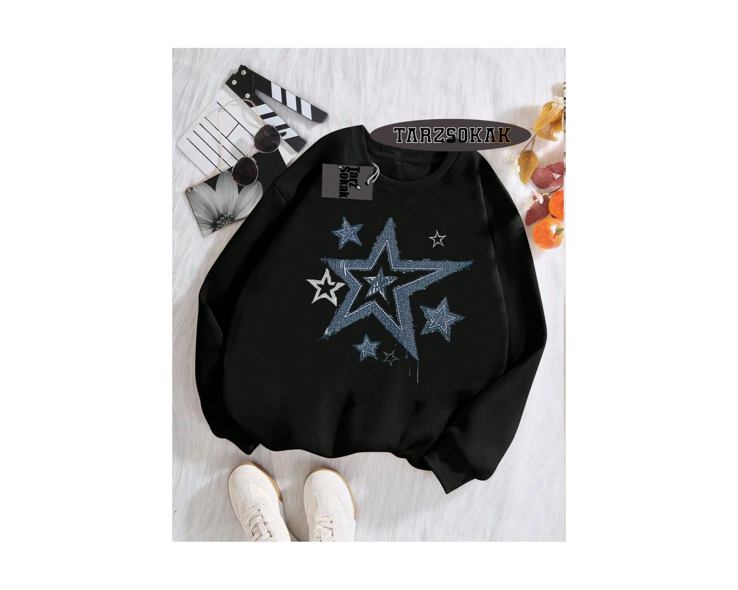 Biskilet Yaka Sweatshirt Beyaz YILDIZ DESENLİ Özel Tasarım