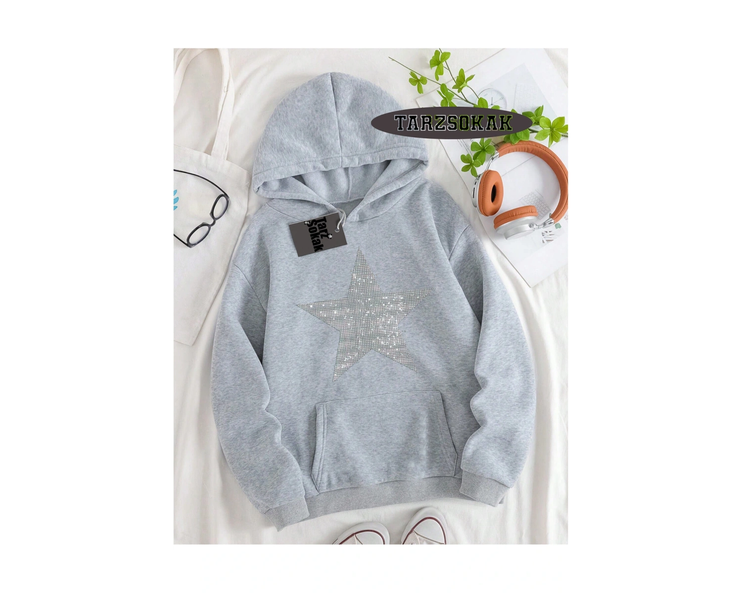 Biskilet Yaka Sweatshirt Beyaz YILDIZ DESENLİ Özel Tasarım