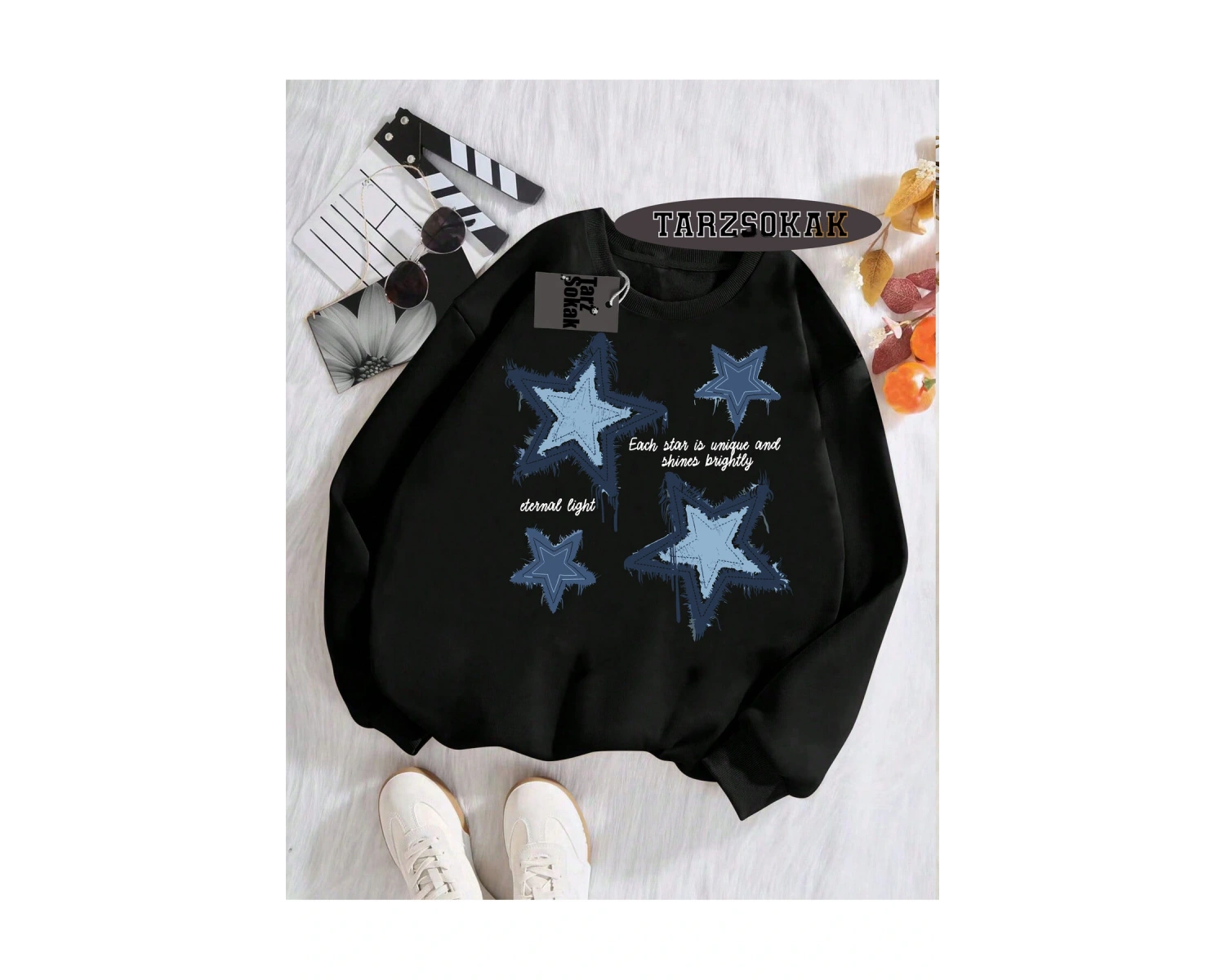 Biskilet Yaka Sweatshirt Beyaz YILDIZ DESENLİ Özel Tasarım