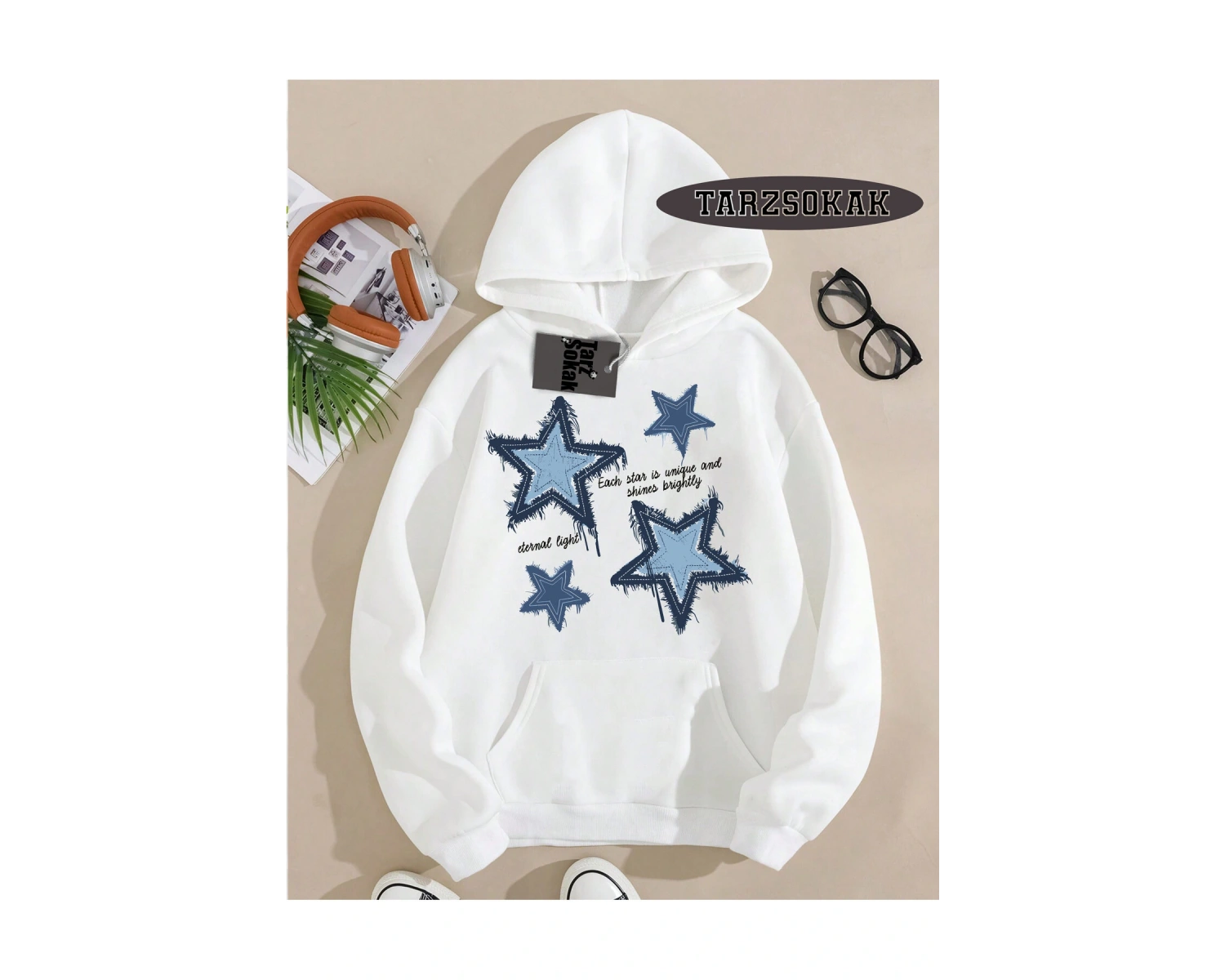 Biskilet Yaka Sweatshirt Beyaz YILDIZ DESENLİ Özel Tasarım