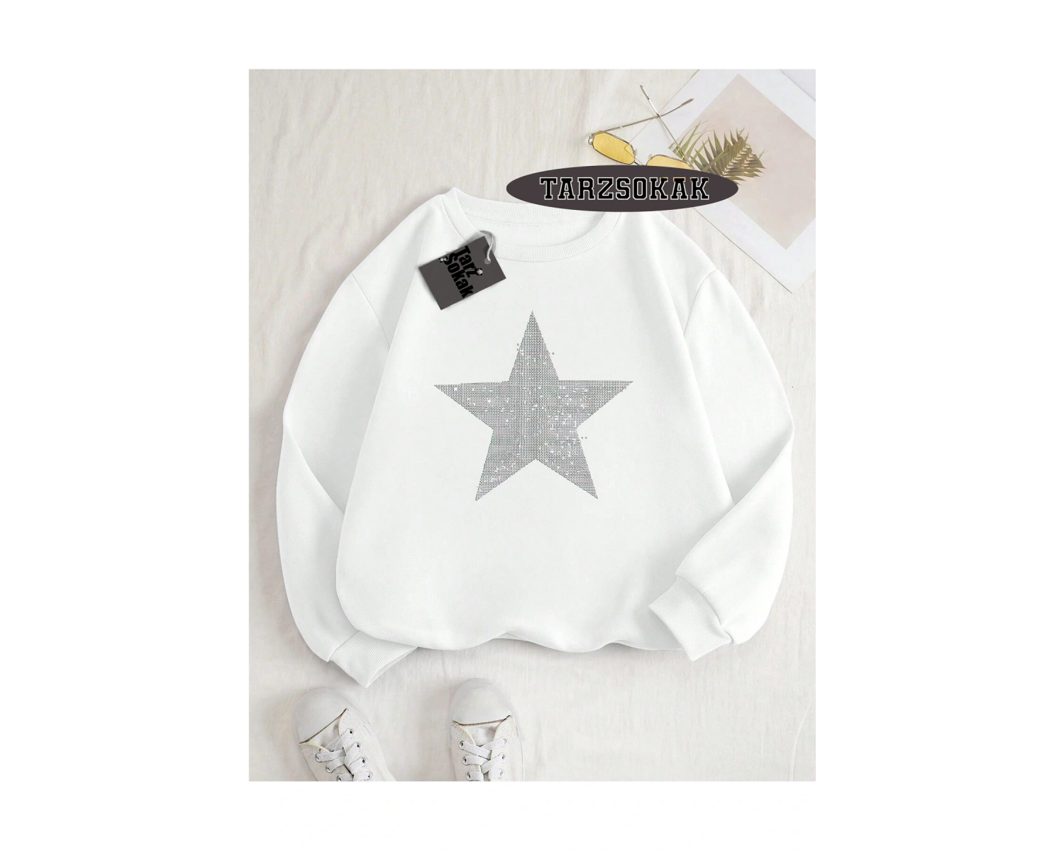Biskilet Yaka Sweatshirt Beyaz YILDIZ DESENLİ Özel Tasarım