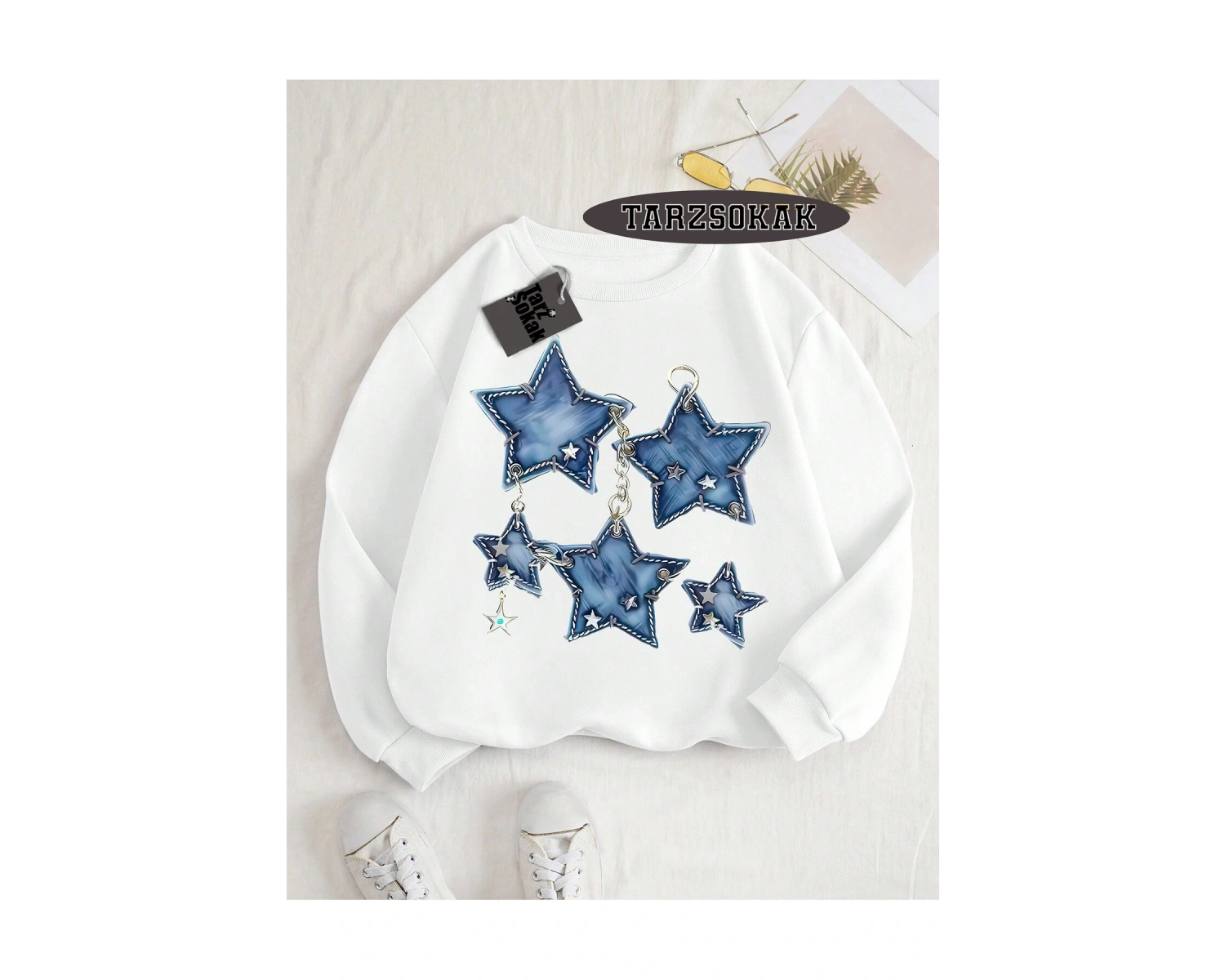 Biskilet Yaka Sweatshirt Beyaz YILDIZ DESENLİ Özel Tasarım