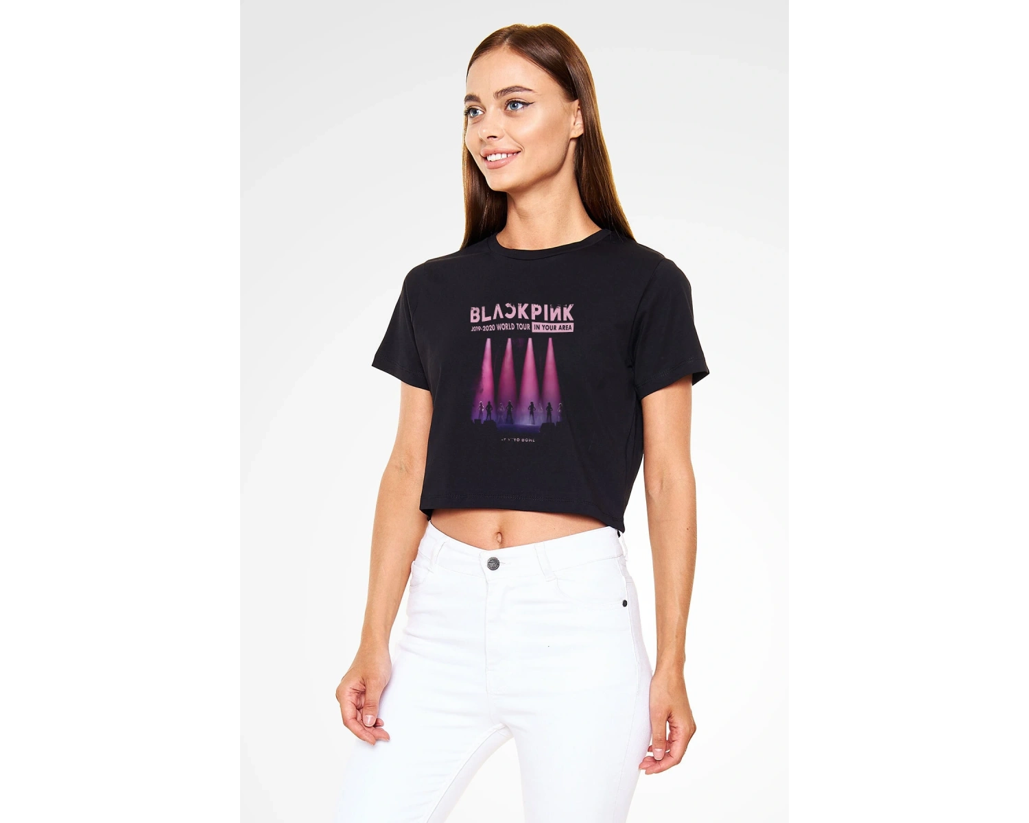 Black Pink Baskılı Kadın Siyah Crop Top Tişört