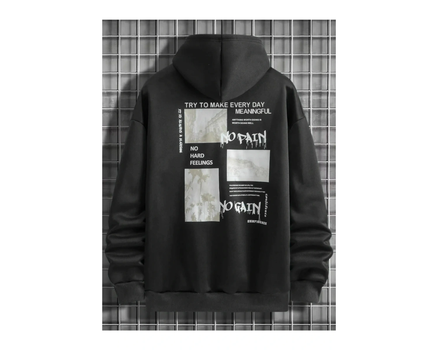 Black Sokak Beyaz No Pain No Gain Baskılı Oversize Kapüşonlu Sweatshirt