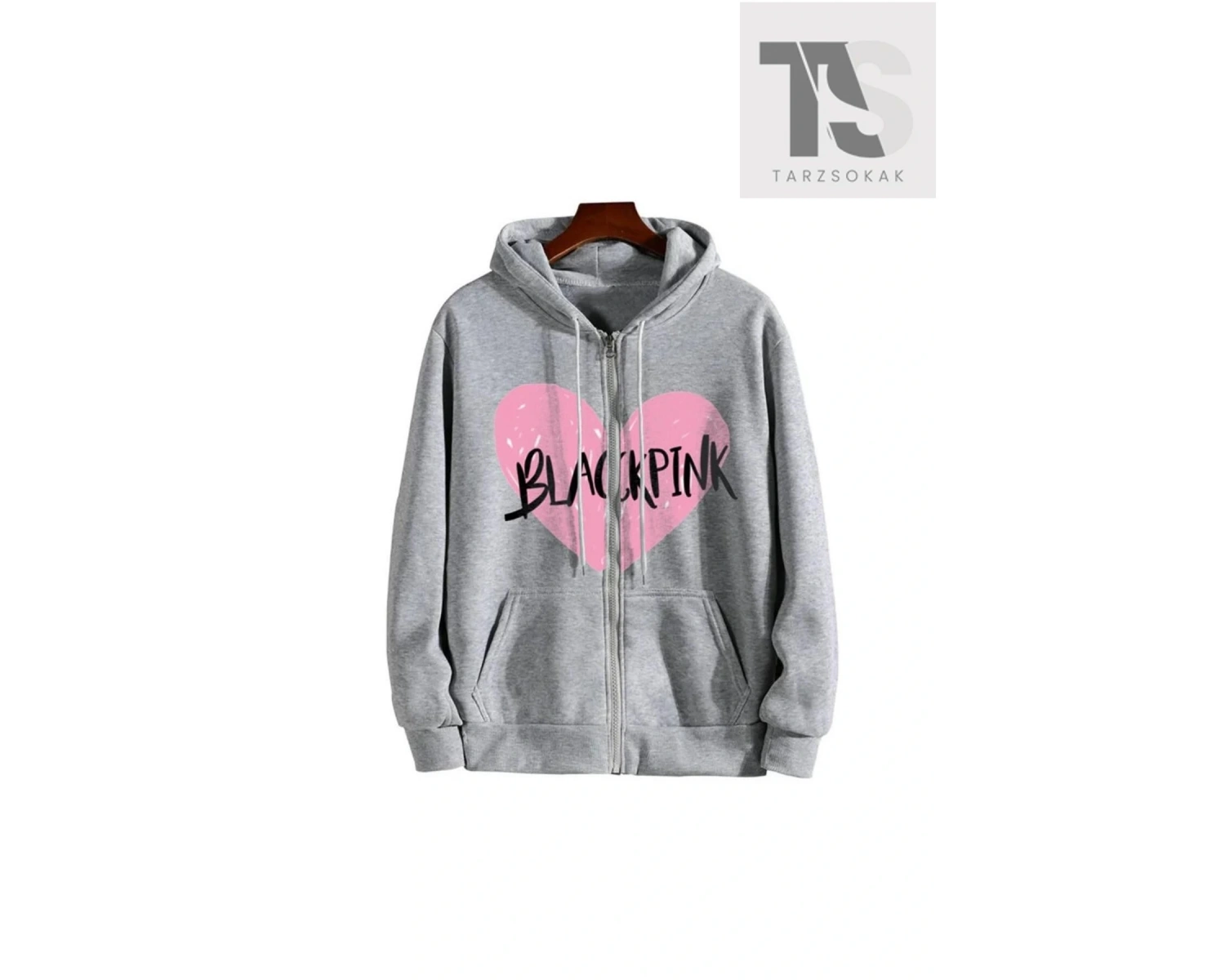 Blackpink Kalp Sweatshirt Fermuarlı Hırka Gri