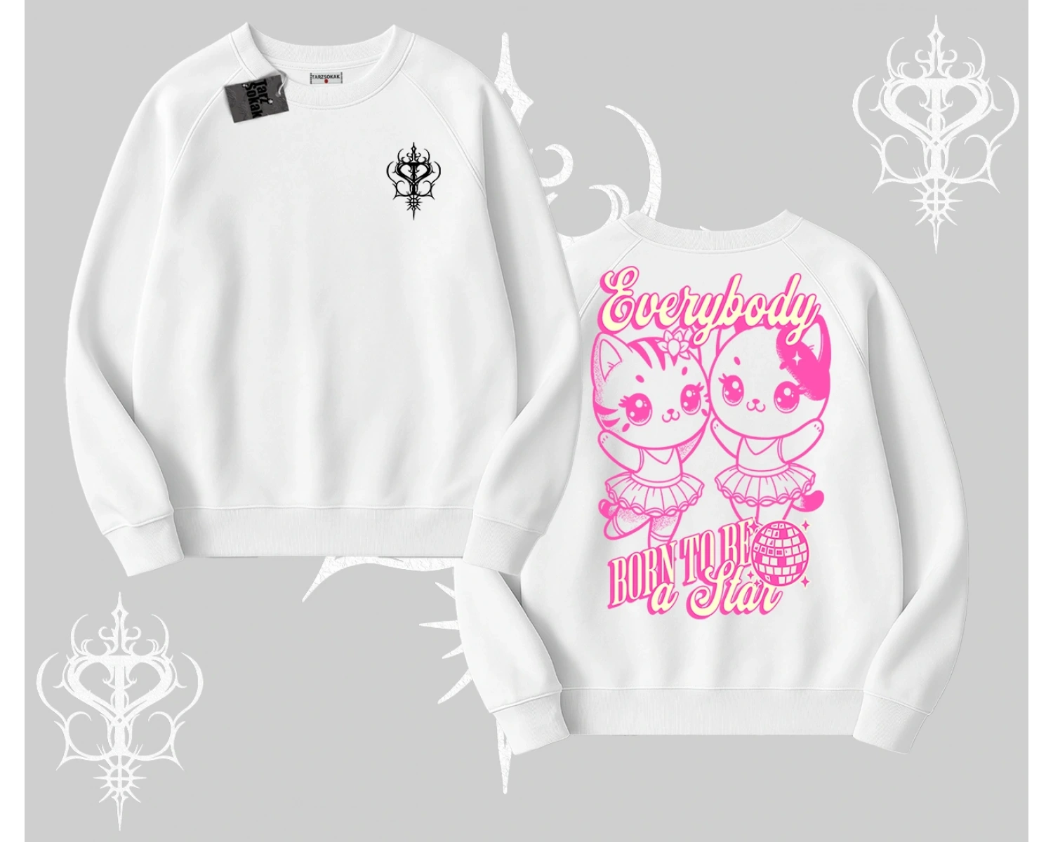 Born to Be a Star Yazılı Sevimli Kedi Arka Baskılı Biskilet Sweatshirt