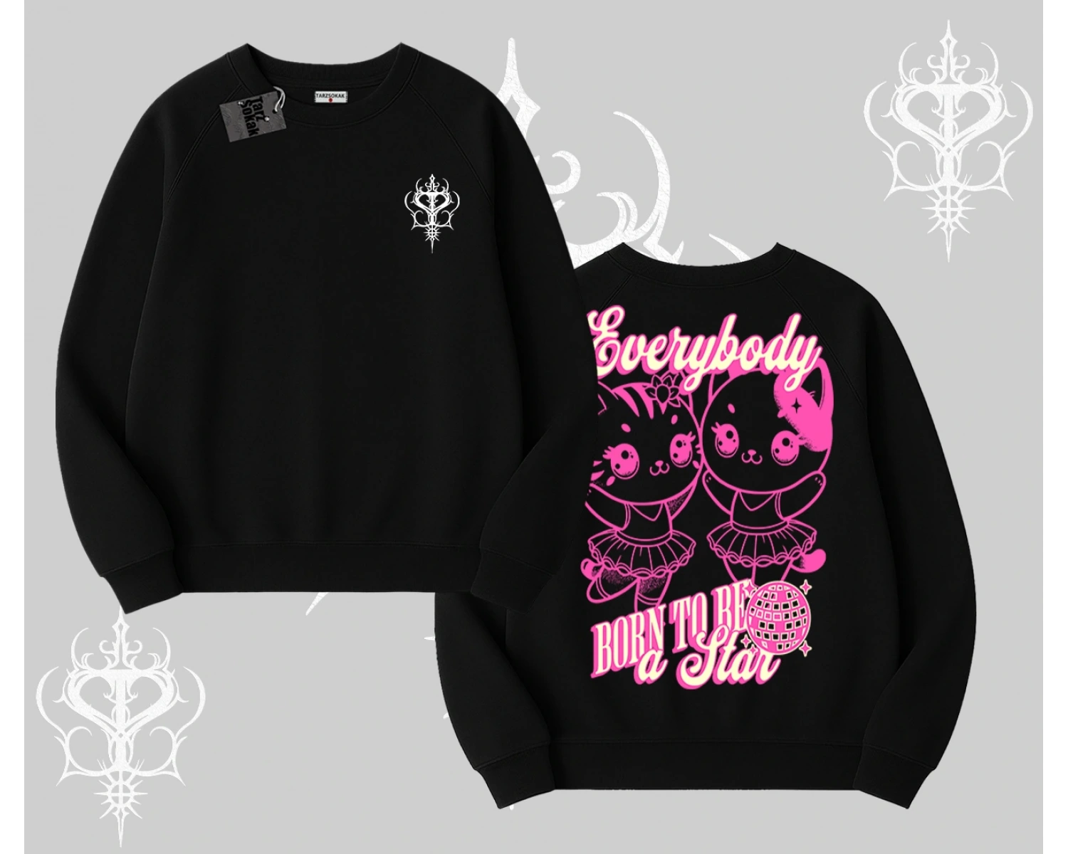 Born to Be a Star Yazılı Sevimli Kedi Arka Baskılı Biskilet Sweatshirt