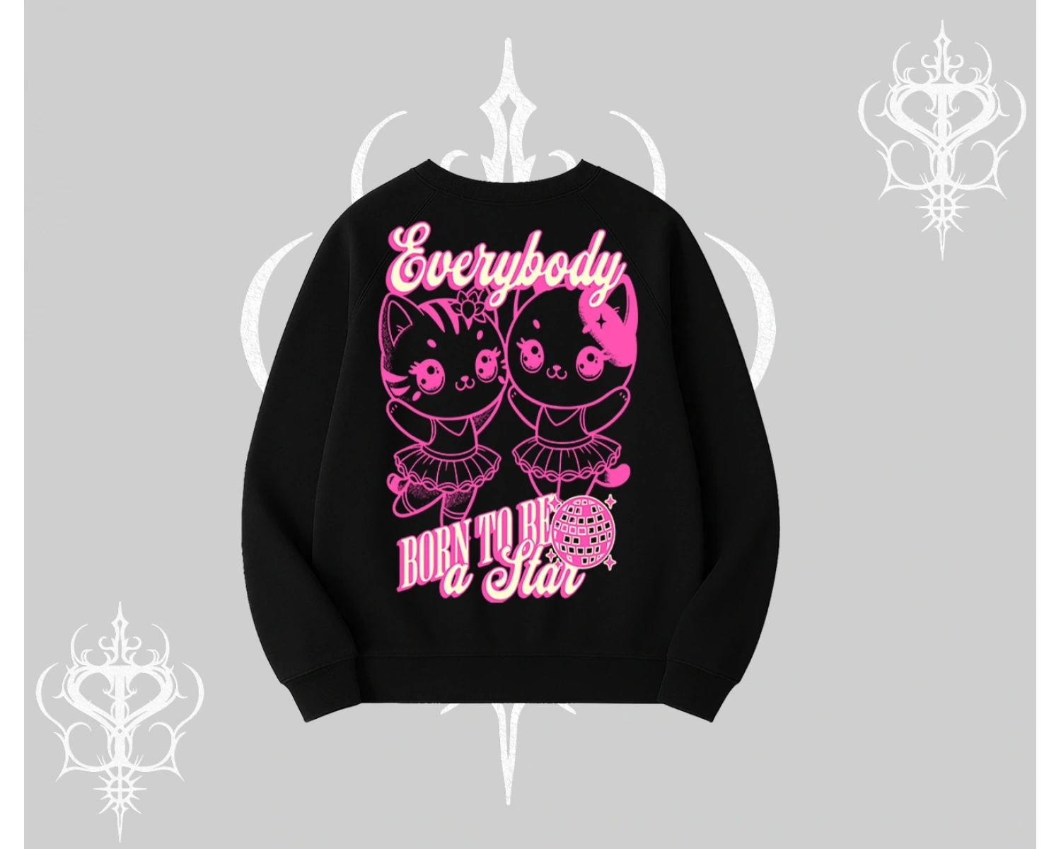 Born to Be a Star Yazılı Sevimli Kedi Arka Baskılı Biskilet Sweatshirt