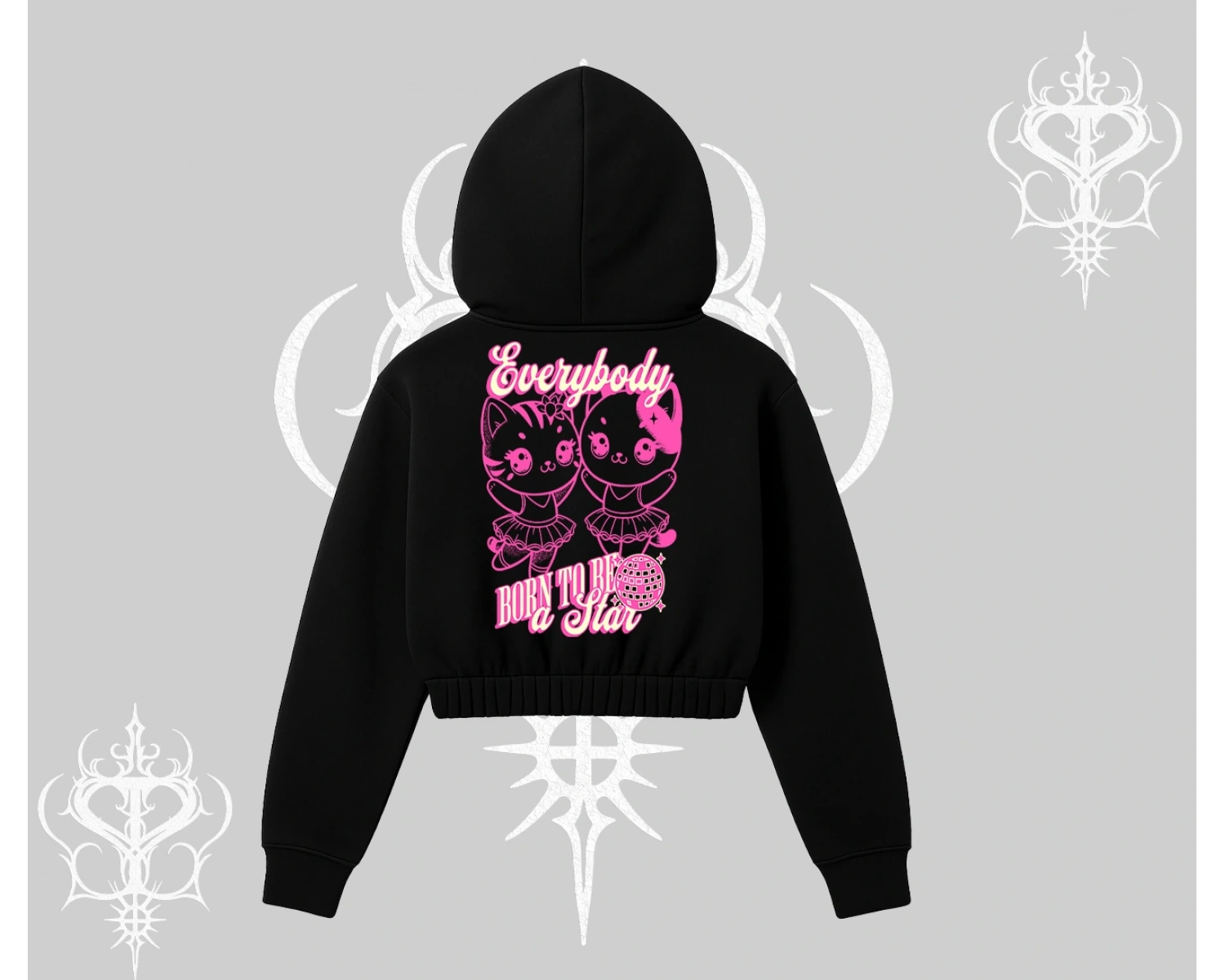 Born to Be a Star Yazılı Sevimli Kedi Arka Baskılı Kapşonlu Crop Sweatshirt