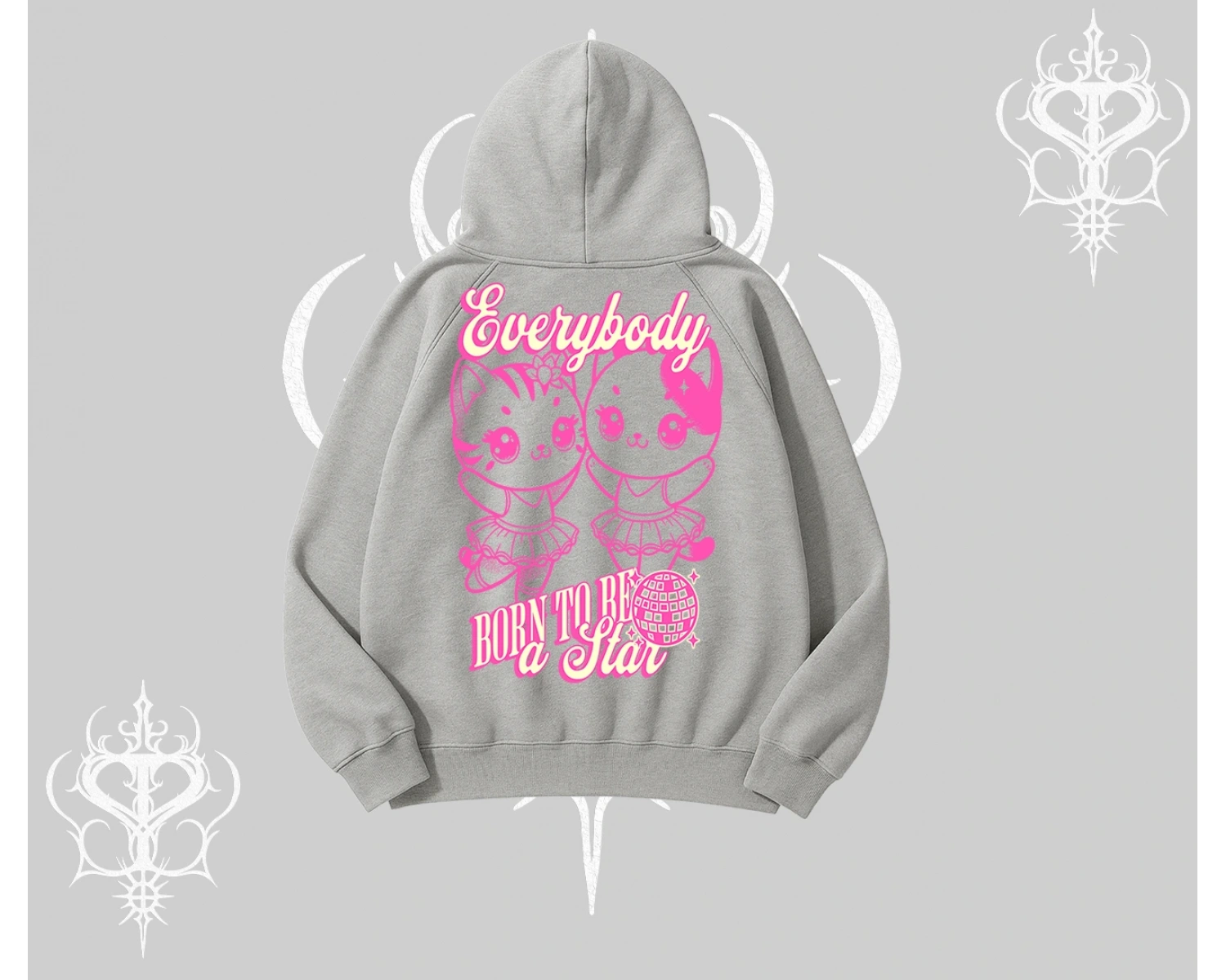 Born to Be a Star Yazılı Sevimli Kedi Arka Baskılı Kapşonlu Sweatshirt