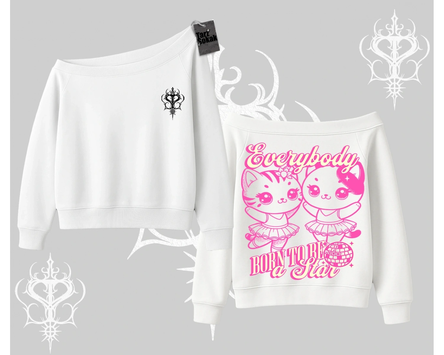 Born to Be a Star Yazılı Sevimli Kedi Arka Baskılı Kayık Yaka Sweatshirt