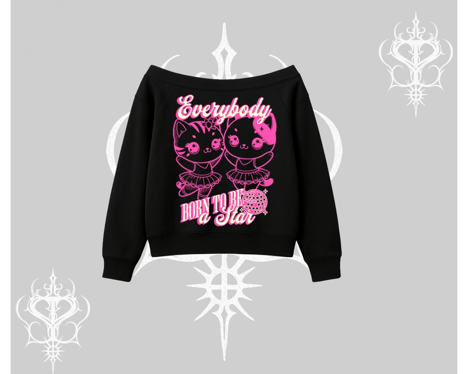 Born to Be a Star Yazılı Sevimli Kedi Arka Baskılı Kayık Yaka Sweatshirt