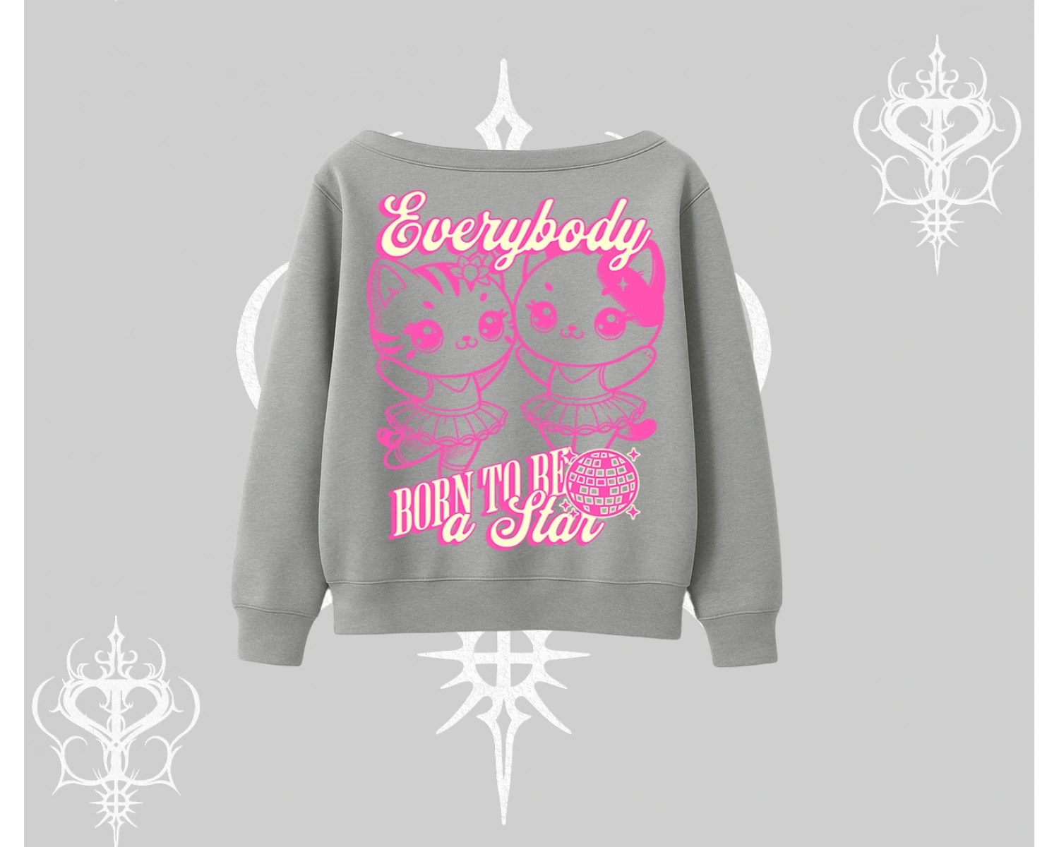 Born to Be a Star Yazılı Sevimli Kedi Arka Baskılı Kayık Yaka Sweatshirt