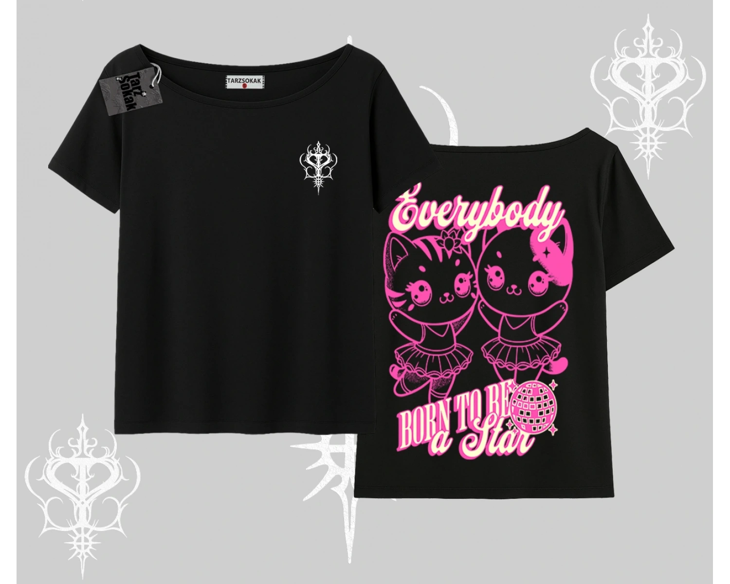 Born to Be a Star Yazılı Sevimli Kedi Arka Baskılı Kayık Yaka Tshirt