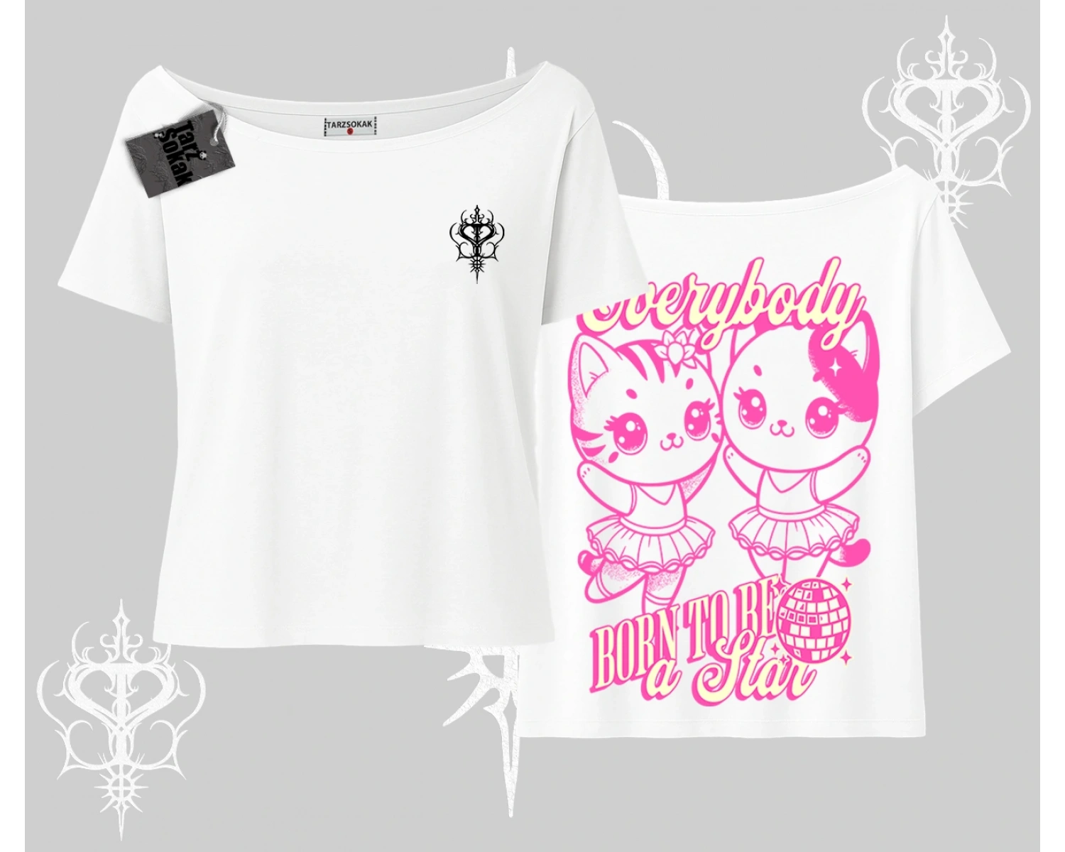 Born to Be a Star Yazılı Sevimli Kedi Arka Baskılı Kayık Yaka Tshirt