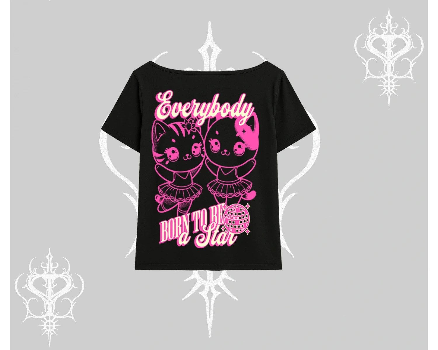 Born to Be a Star Yazılı Sevimli Kedi Arka Baskılı Kayık Yaka Tshirt