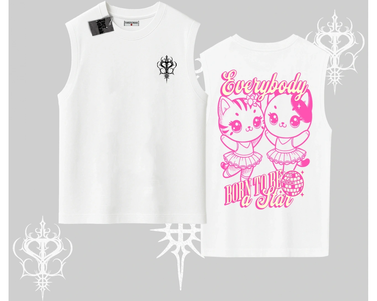 Born to Be a Star Yazılı Sevimli Kedi Arka Baskılı Kolsuz Tshirt