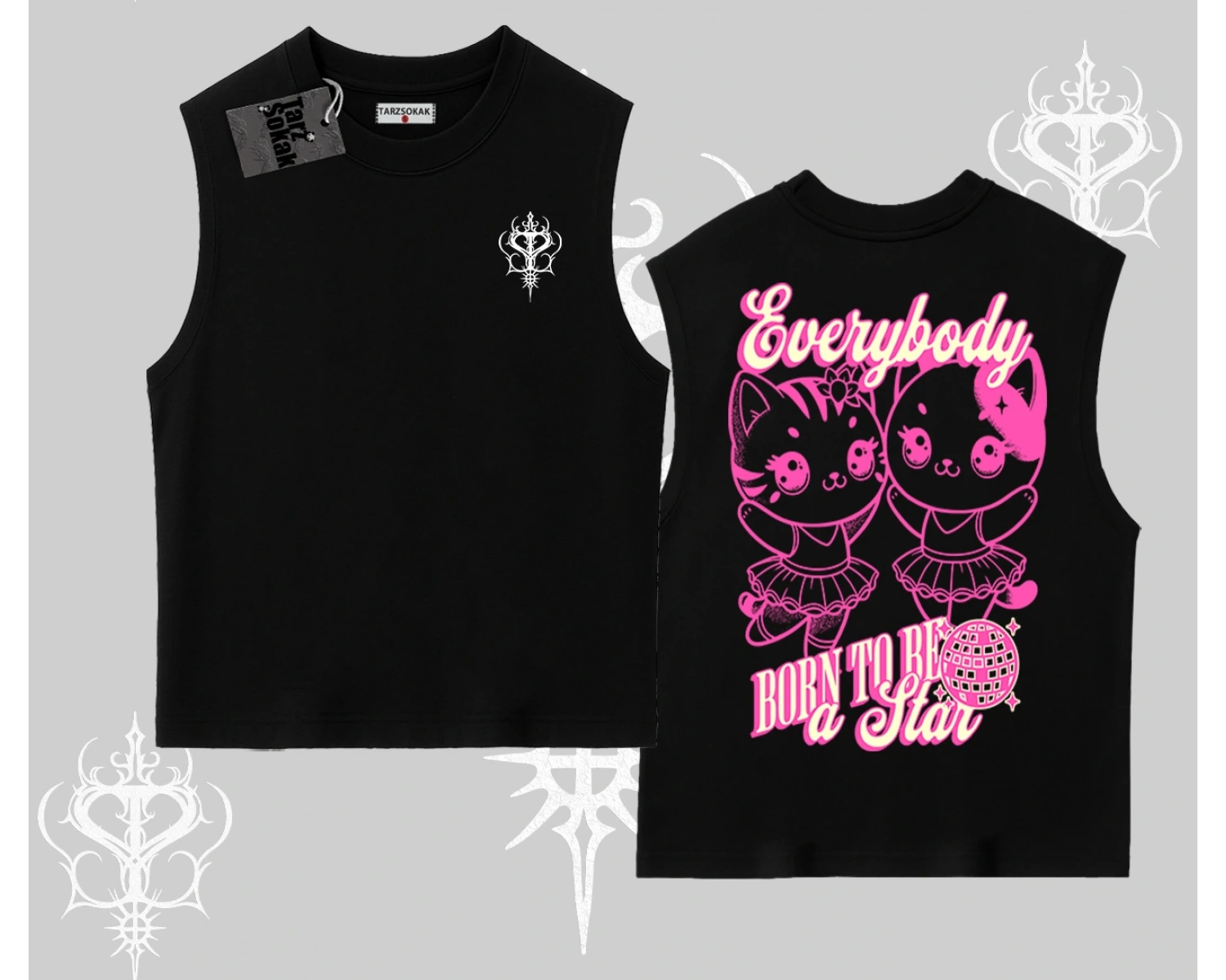 Born to Be a Star Yazılı Sevimli Kedi Arka Baskılı Kolsuz Tshirt