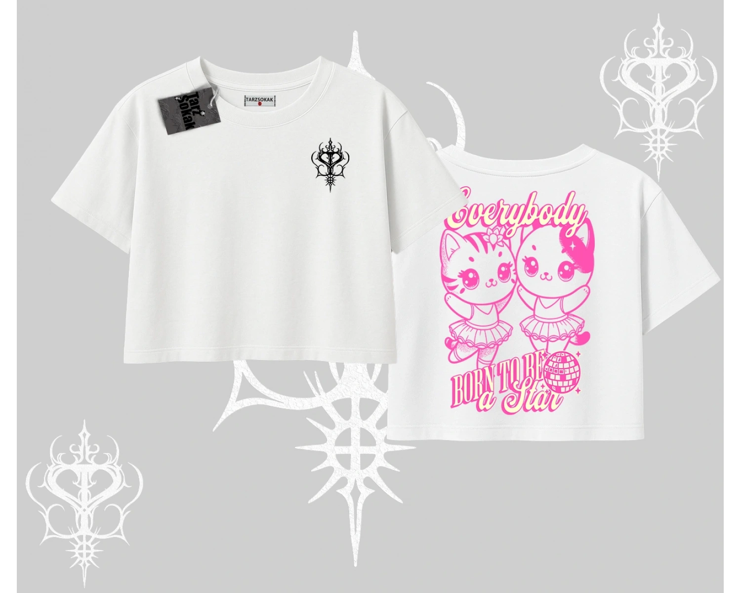 Born to Be a Star Yazılı Sevimli Kedi Arka Baskılı Oversize Crop Tshirt