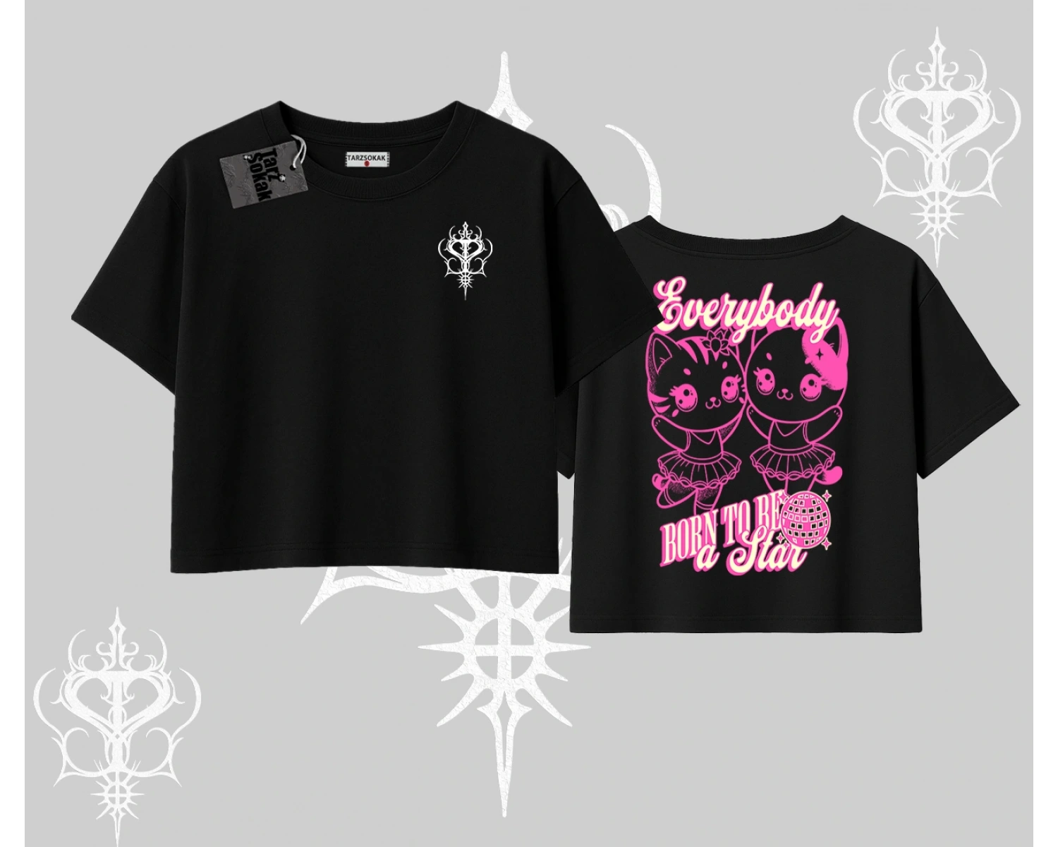 Born to Be a Star Yazılı Sevimli Kedi Arka Baskılı Oversize Crop Tshirt