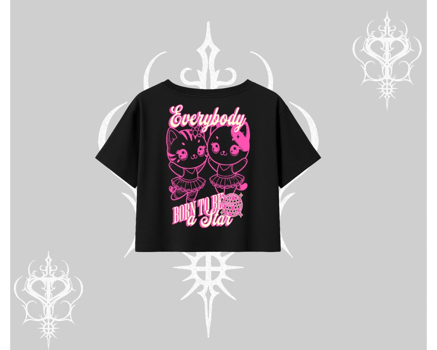 Born to Be a Star Yazılı Sevimli Kedi Arka Baskılı Oversize Crop Tshirt