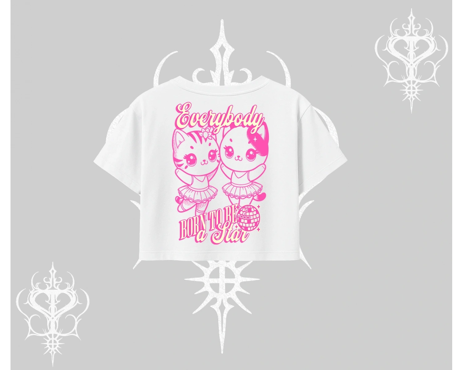 Born to Be a Star Yazılı Sevimli Kedi Arka Baskılı Oversize Crop Tshirt