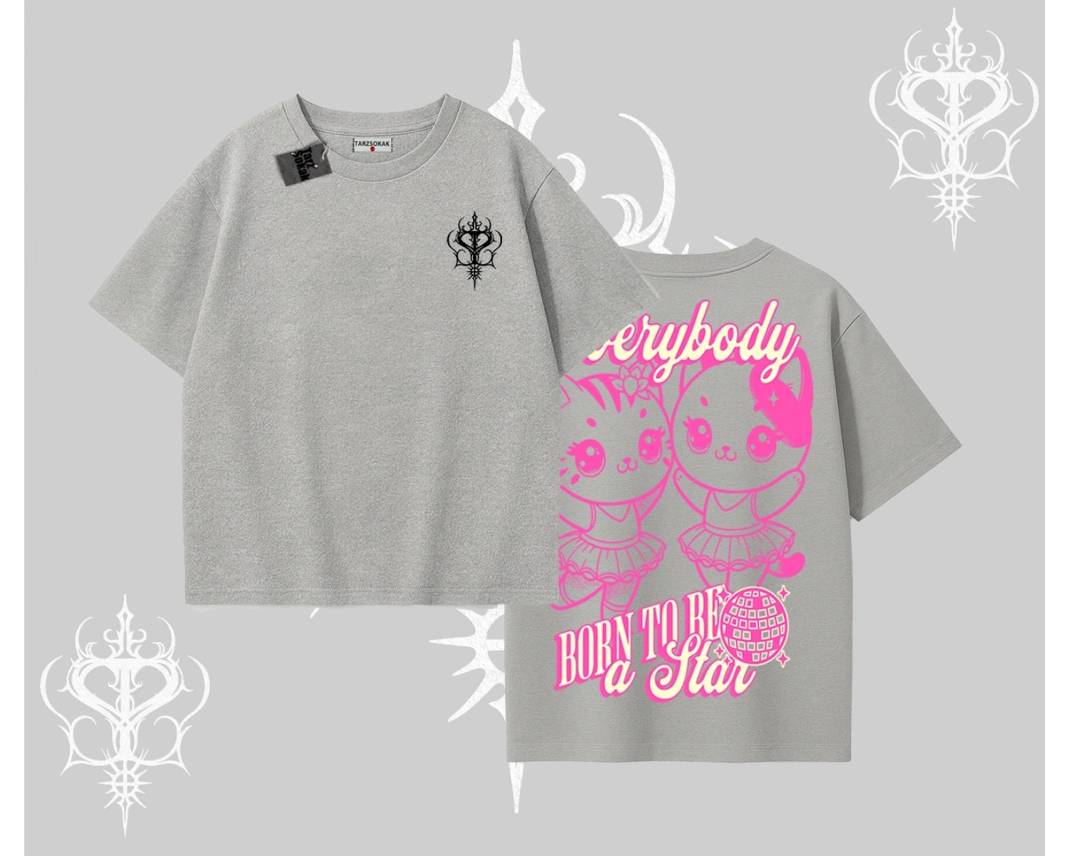 Born to Be a Star Yazılı Sevimli Kedi Arka Baskılı Oversize Tshirt