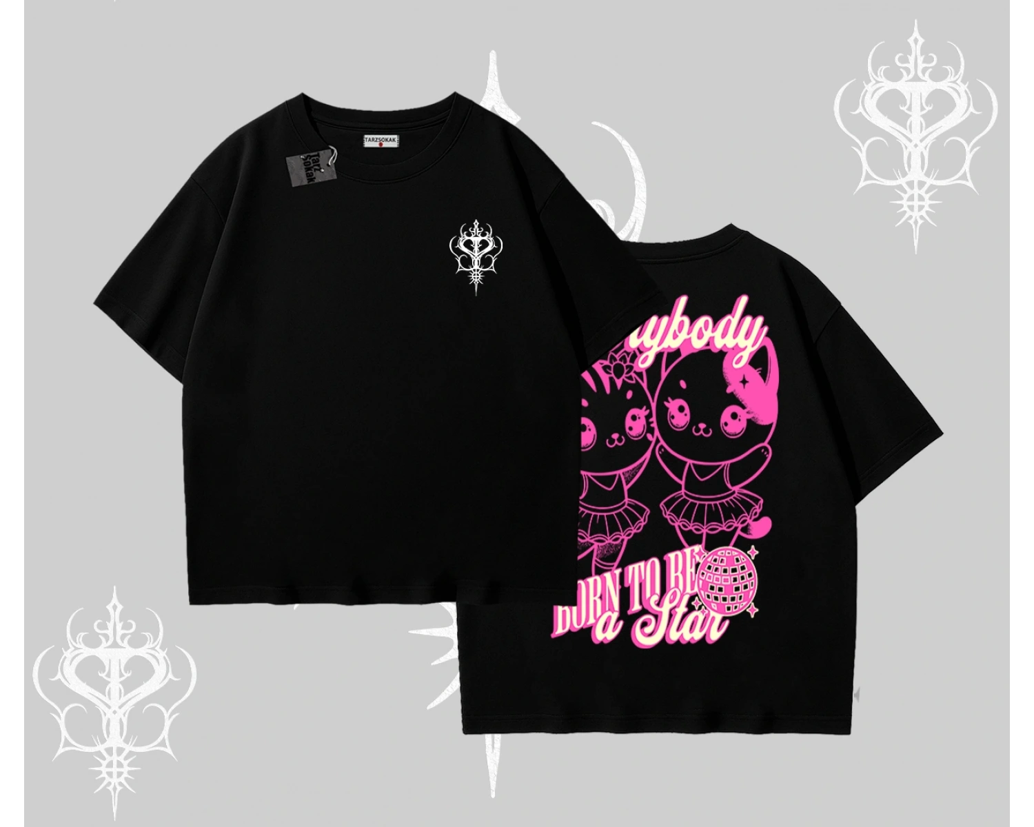 Born to Be a Star Yazılı Sevimli Kedi Arka Baskılı Oversize Tshirt