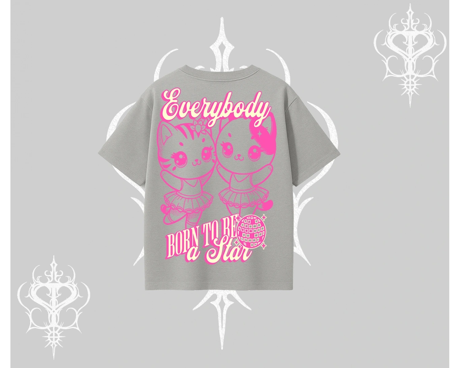 Born to Be a Star Yazılı Sevimli Kedi Arka Baskılı Oversize Tshirt