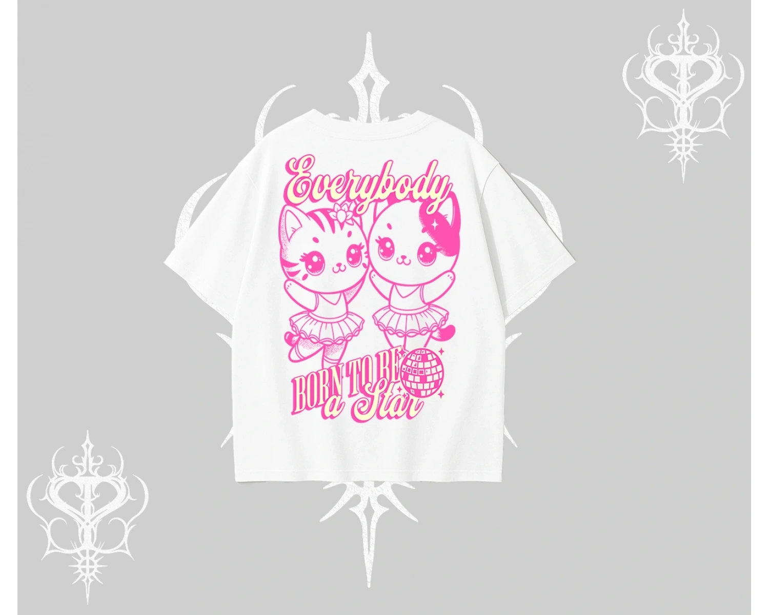 Born to Be a Star Yazılı Sevimli Kedi Arka Baskılı Oversize Tshirt