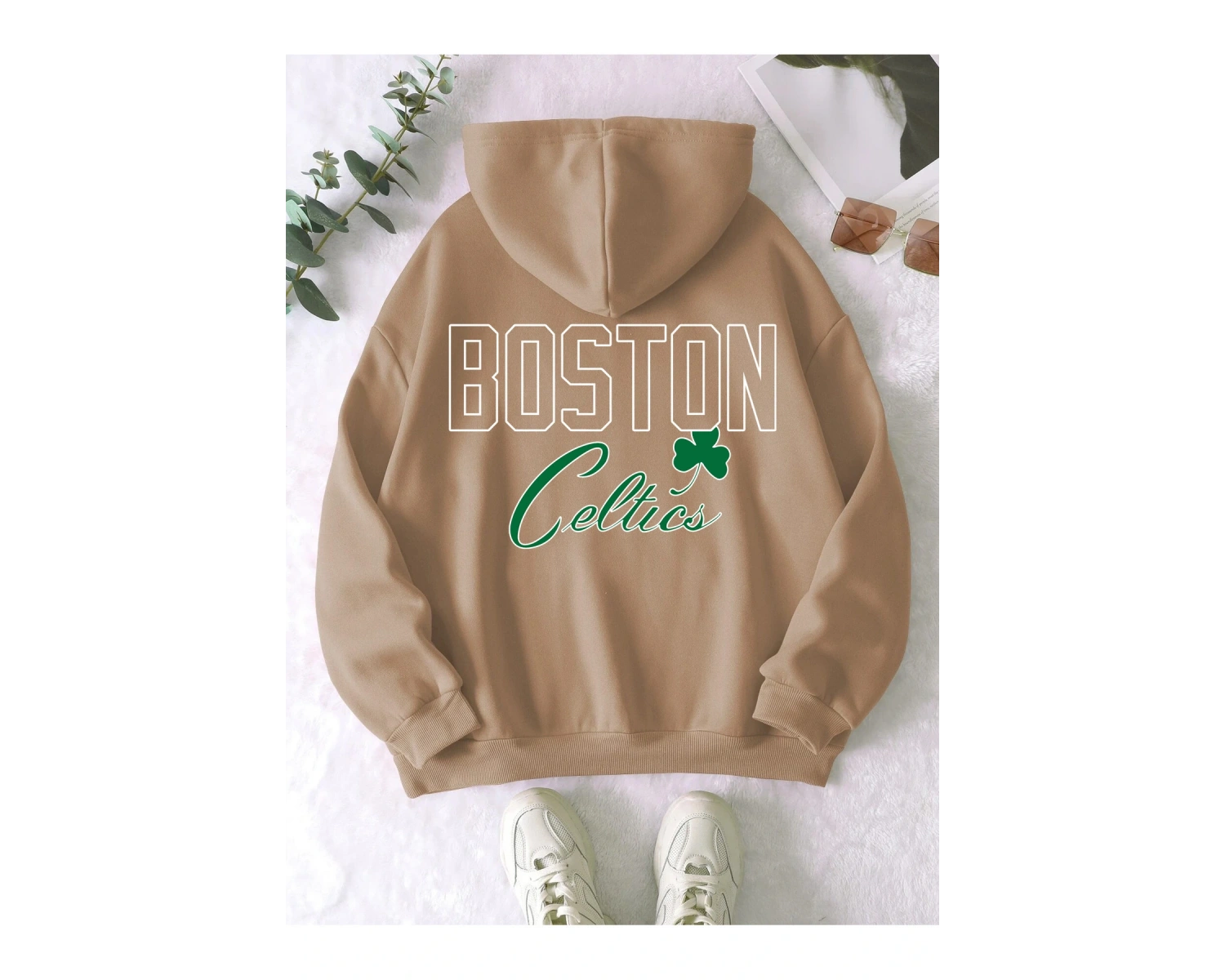 Boston Renkli Baskılı Oversize Kapüşonlu Sweatshirt Bej