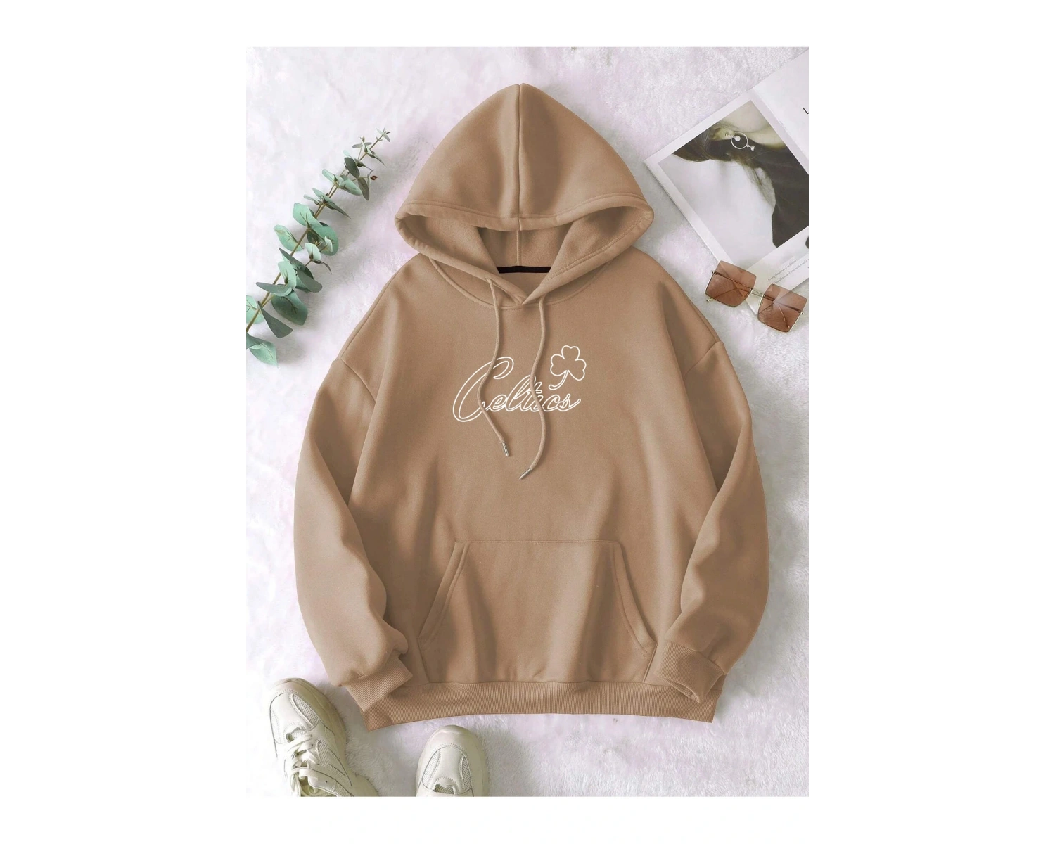 Boston Renkli Baskılı Oversize Kapüşonlu Sweatshirt Bej