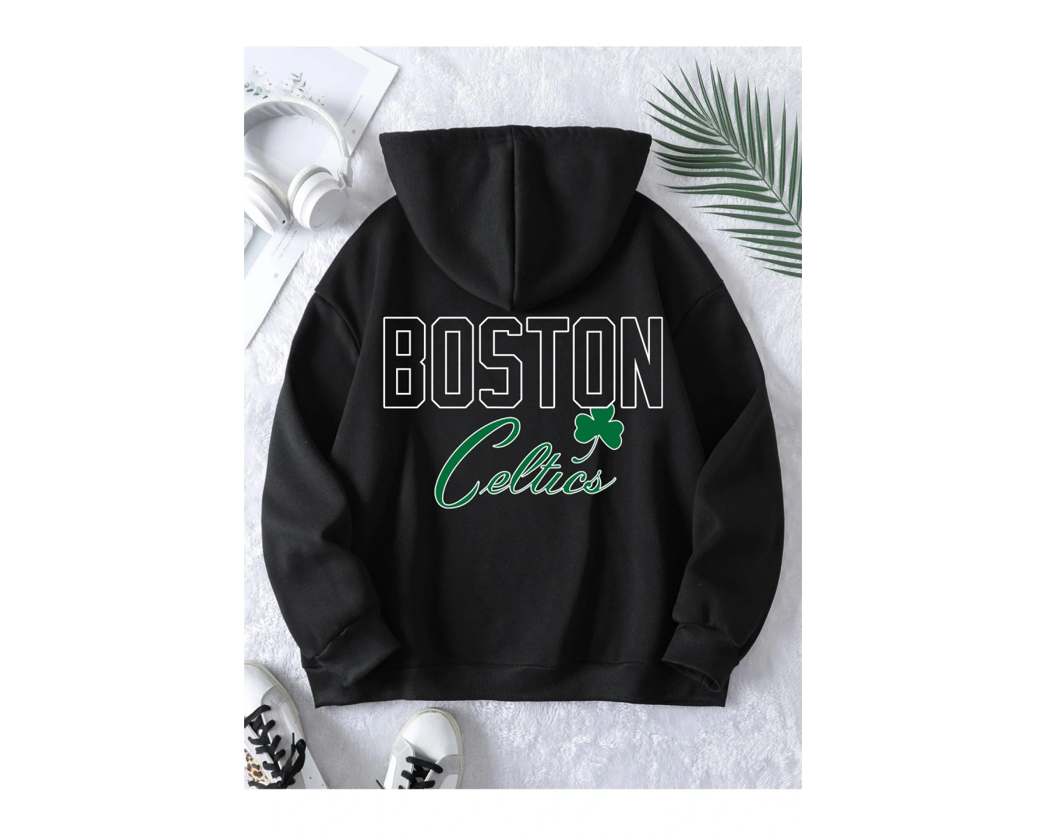 Boston Renkli Baskılı Oversize Kapüşonlu Sweatshirt Beyaz