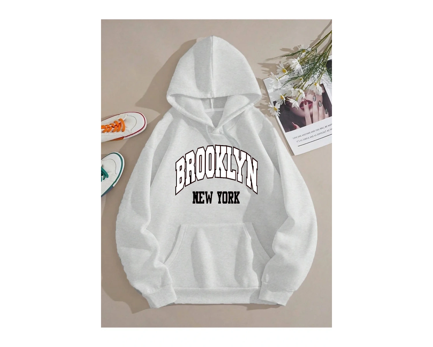Brooklyn Baskılı Üç İplik Ünisex Oversize Kapüşonlu Sweatshirt Beyaz