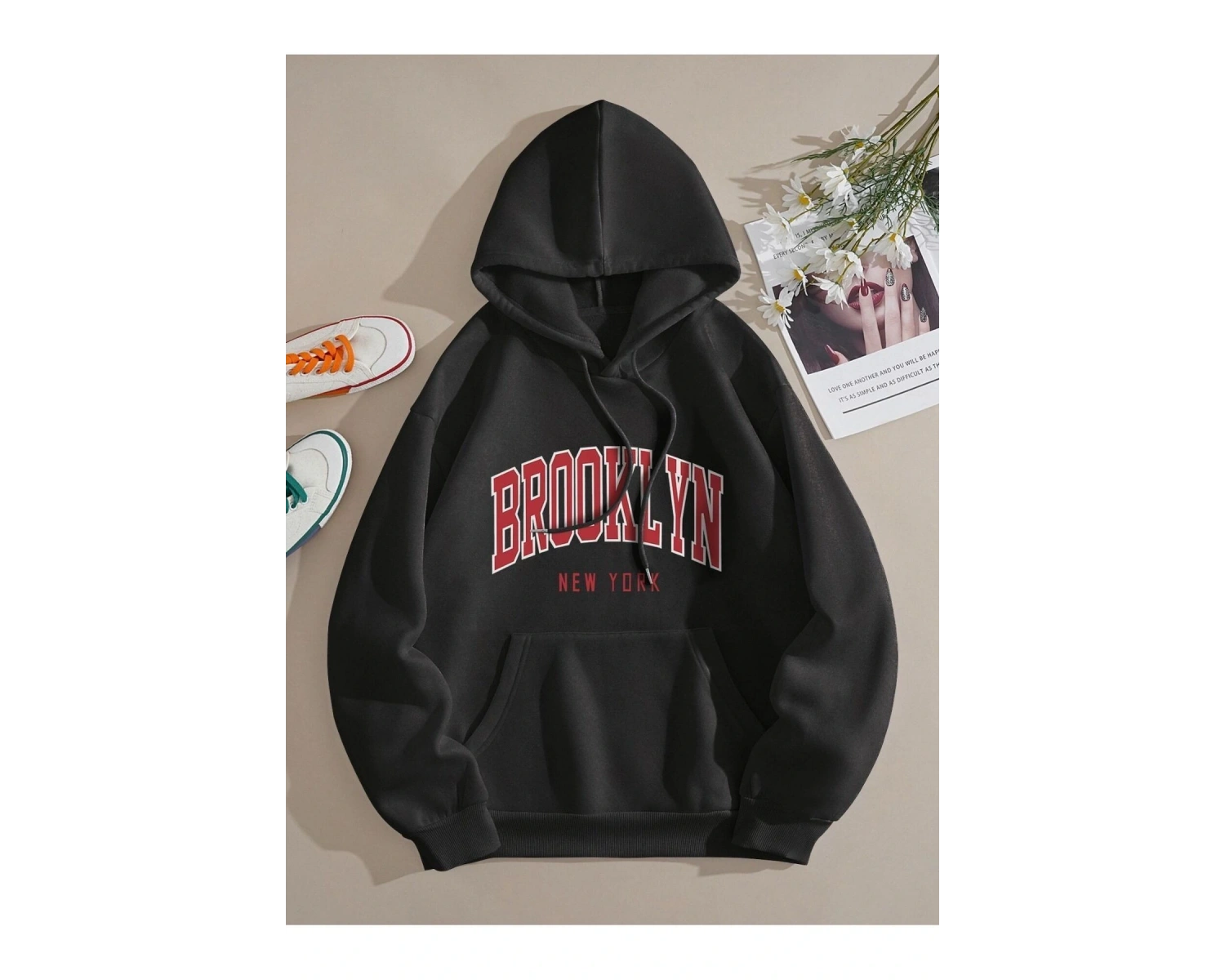 Brooklyn Baskılı Üç İplik Ünisex Oversize Kapüşonlu Sweatshirt Beyaz