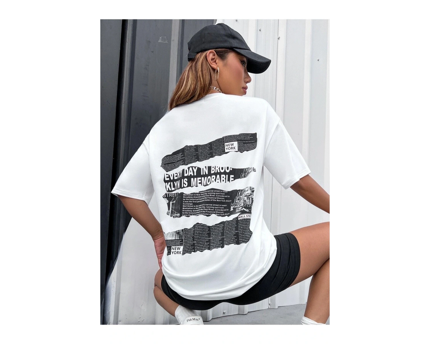 Brooklyn Slogan Baskılı Gazete Desenli Oversize