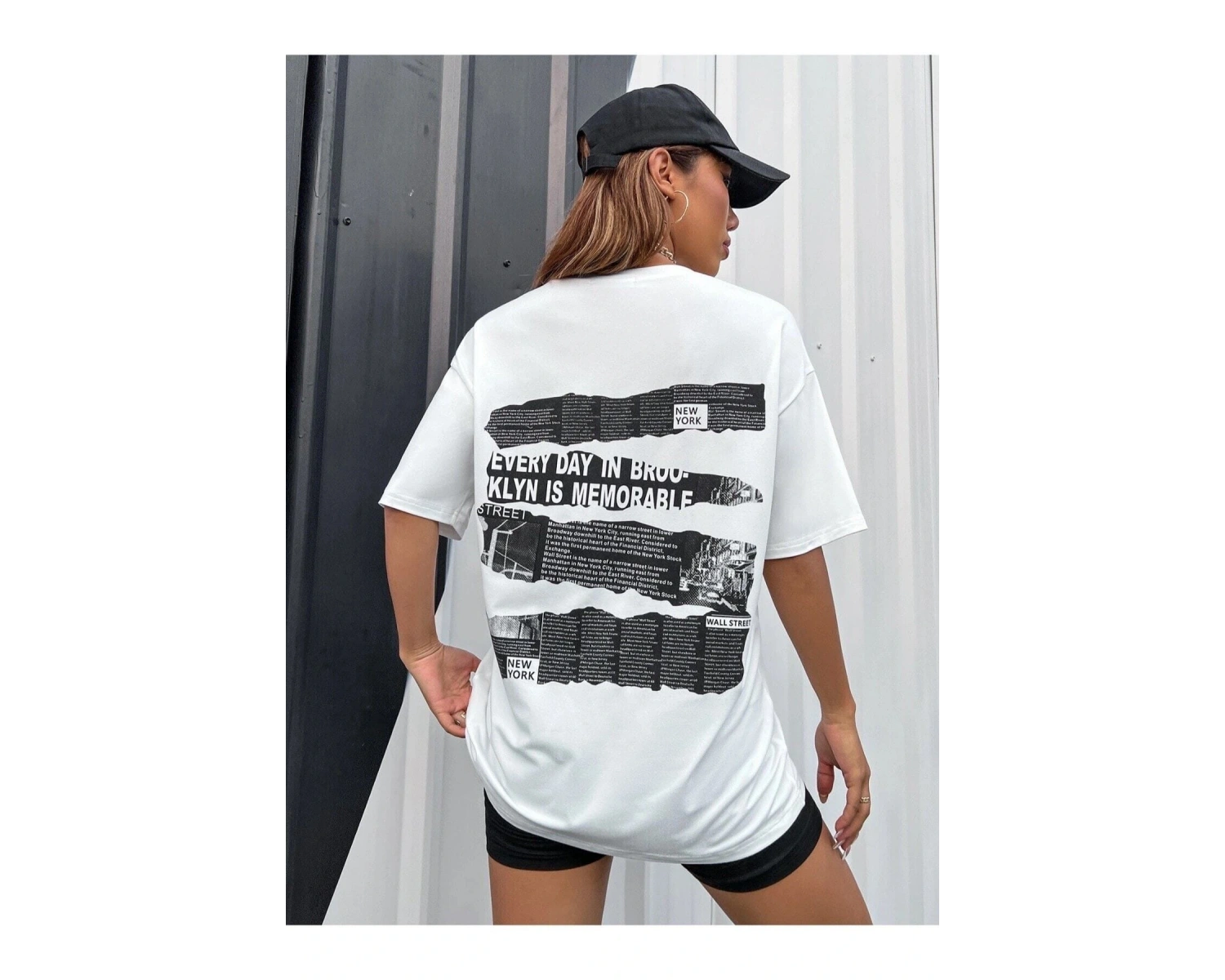 Brooklyn Slogan Baskılı Gazete Desenli Oversize