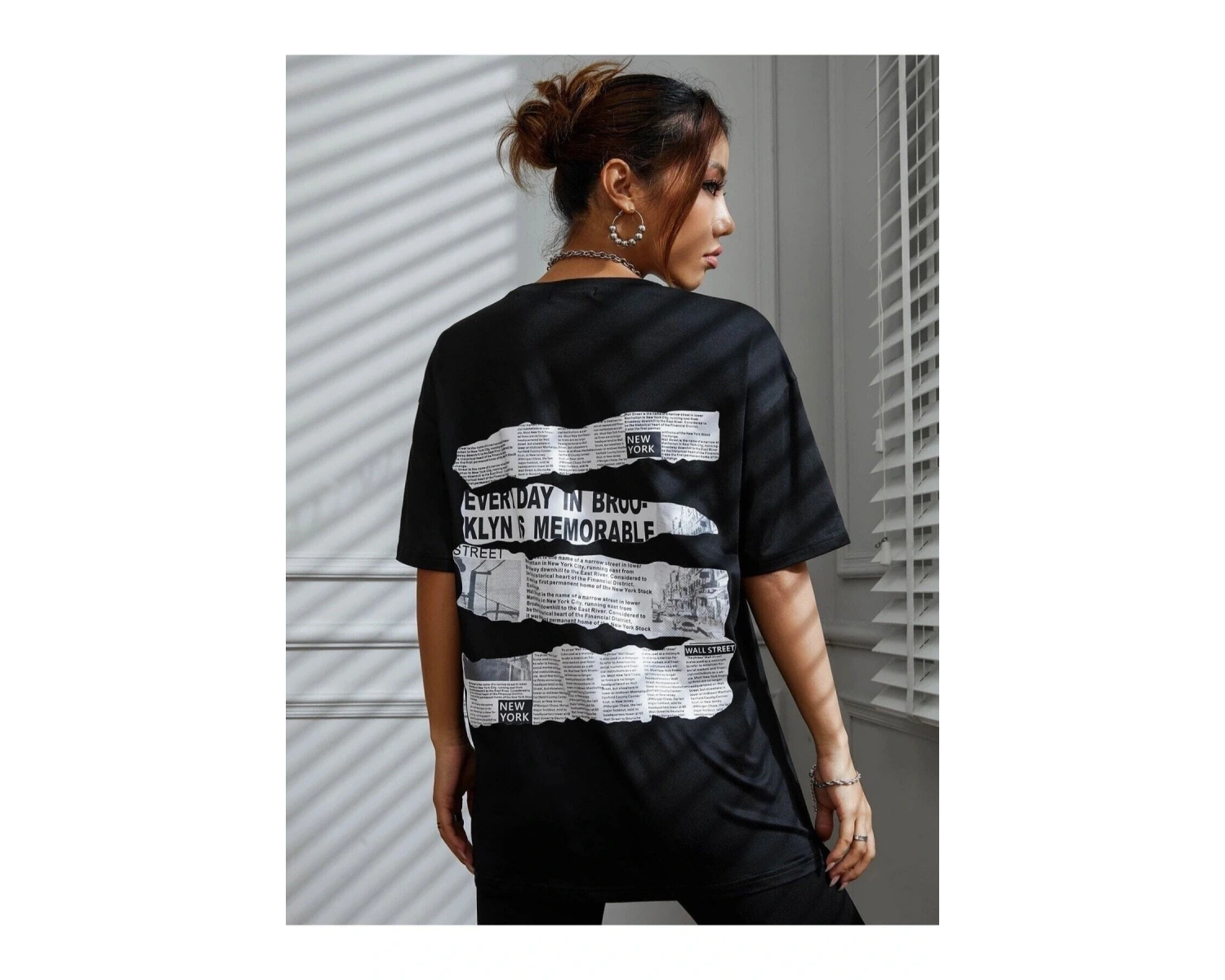 Brooklyn Slogan Baskılı Gazete Desenli Oversize