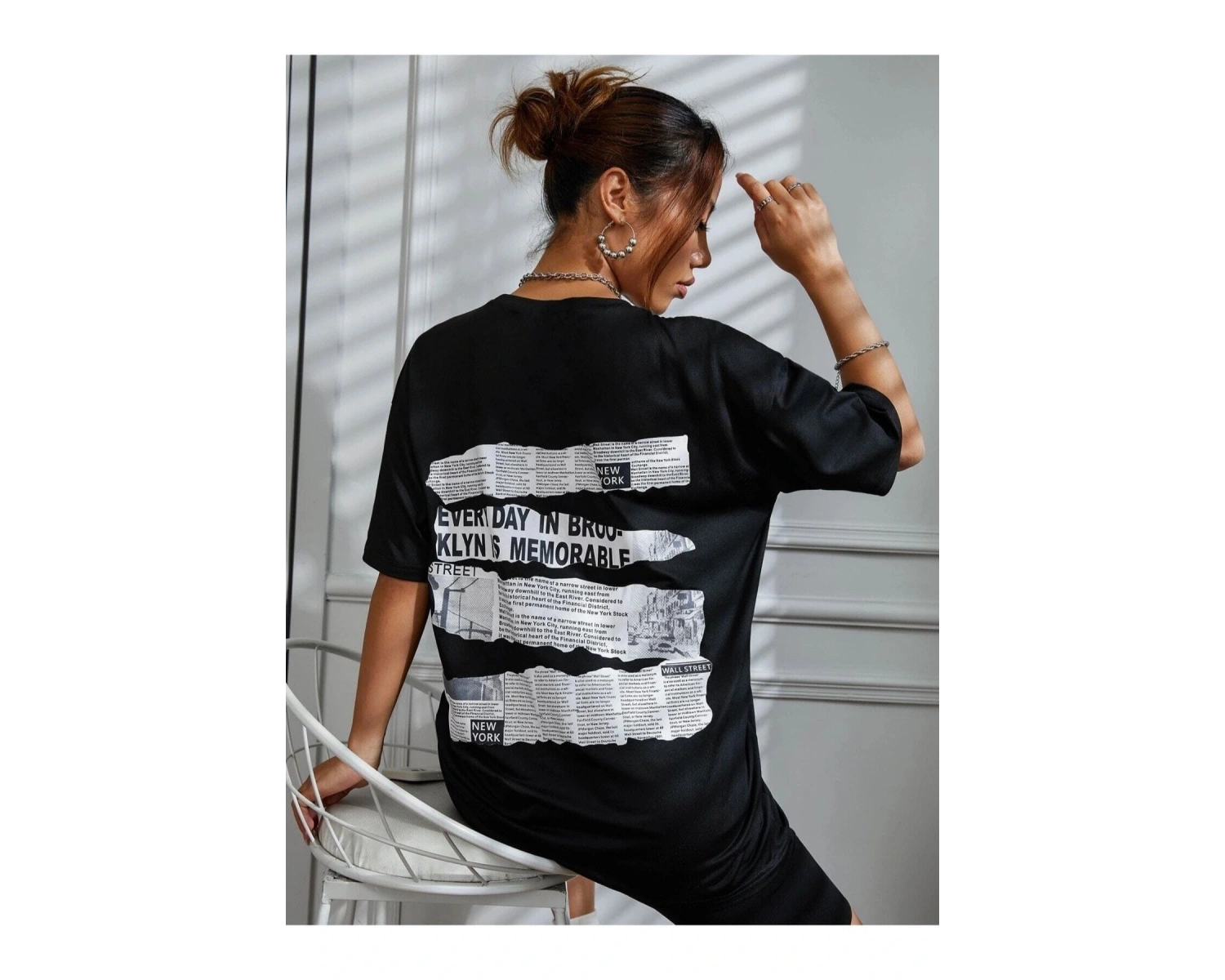 Brooklyn Slogan Baskılı Gazete Desenli Oversize