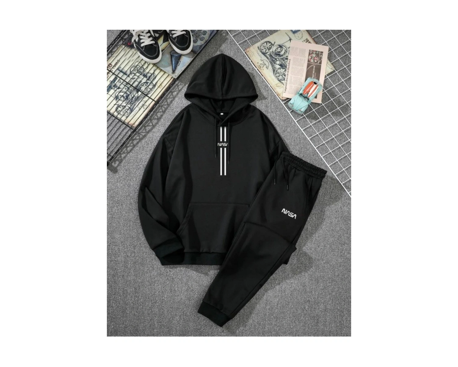 BSJEANS Unisex Nasa Şerit Baskılı Kapüşonlu Sweatshirt-eşofman Altı 2’li Set Takım BSNASA