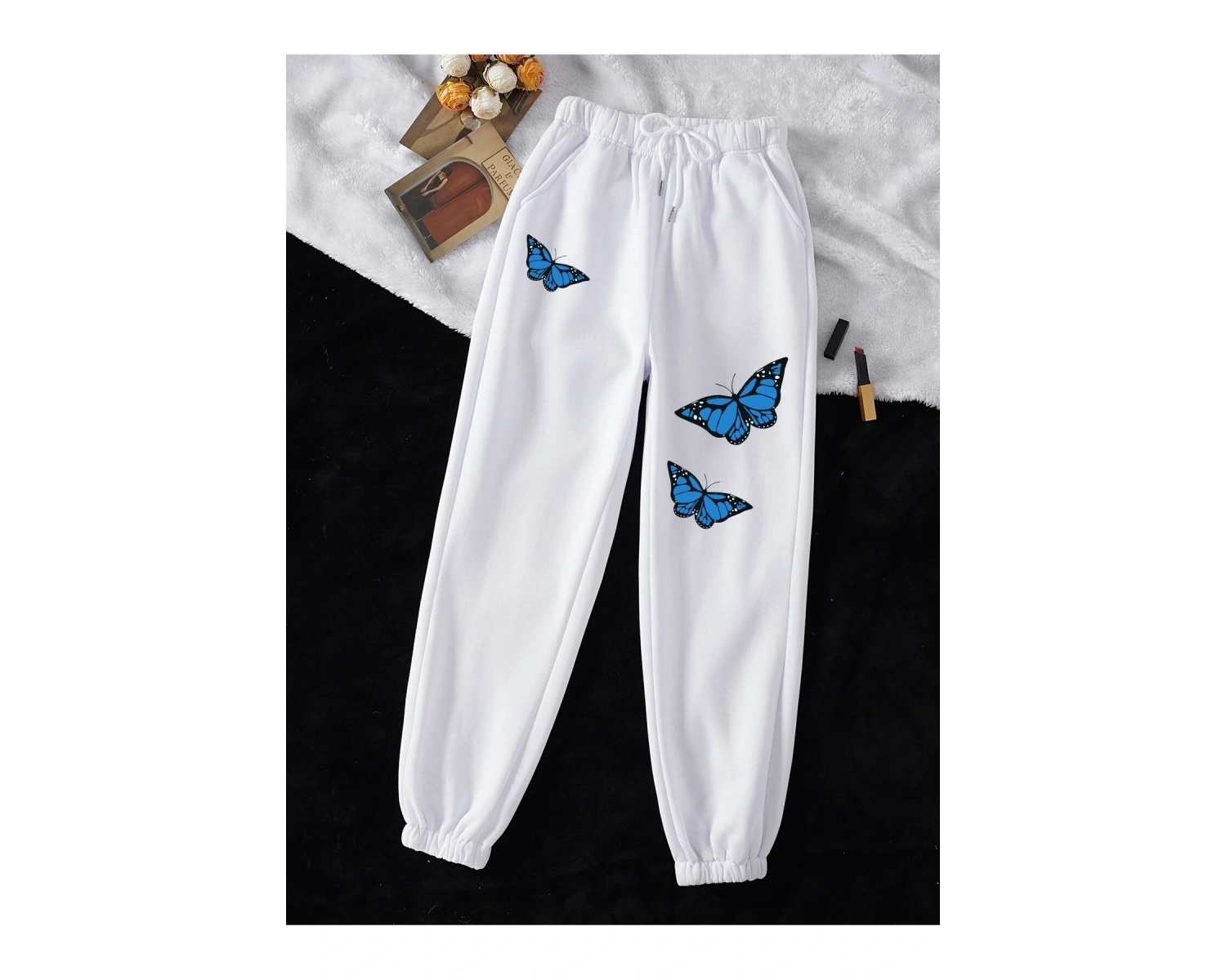 Butterfly Print Drawstring Waist 4 Mevsim Eşofman