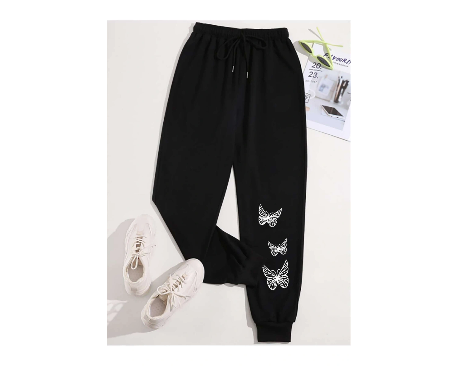 Butterfly Print Drawstring Waist 4 Mevsim Eşofman