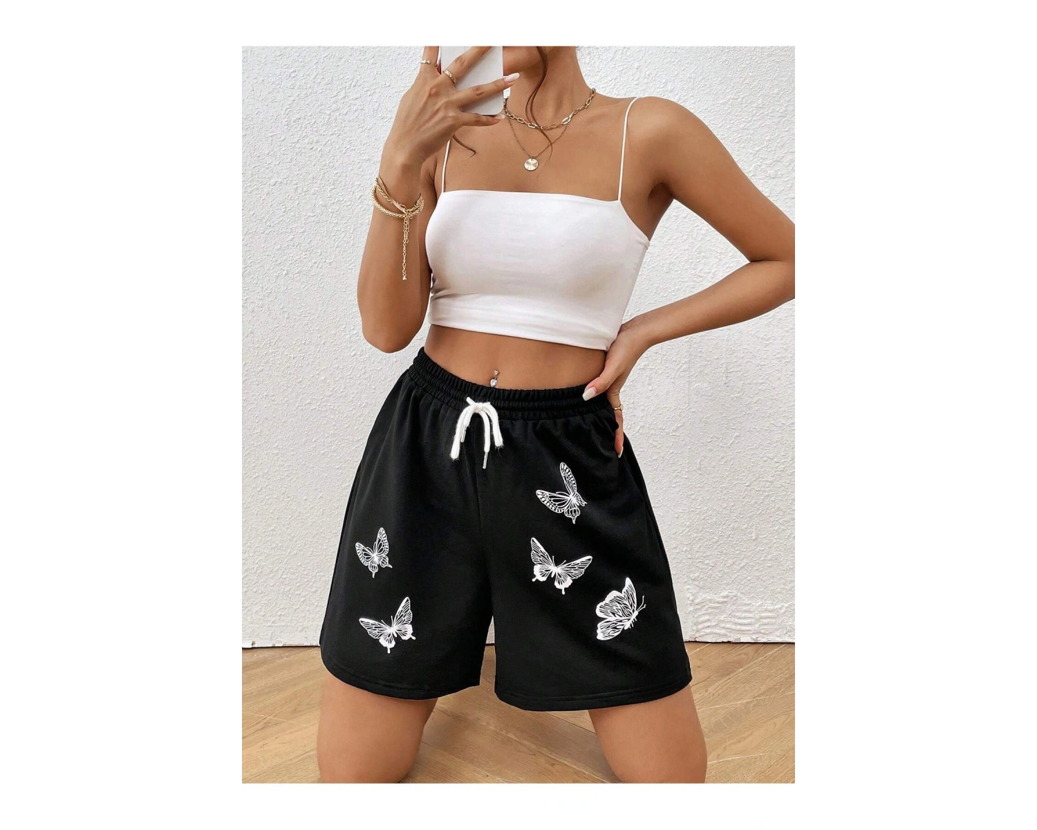 Butterfly Print Drawstring Waist Şort
