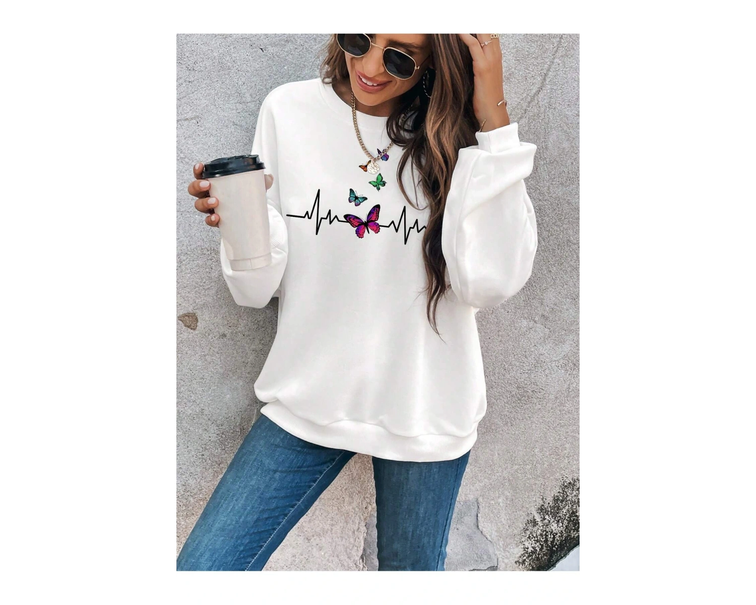 Butterfly Print Drop Shoulder Beyaz