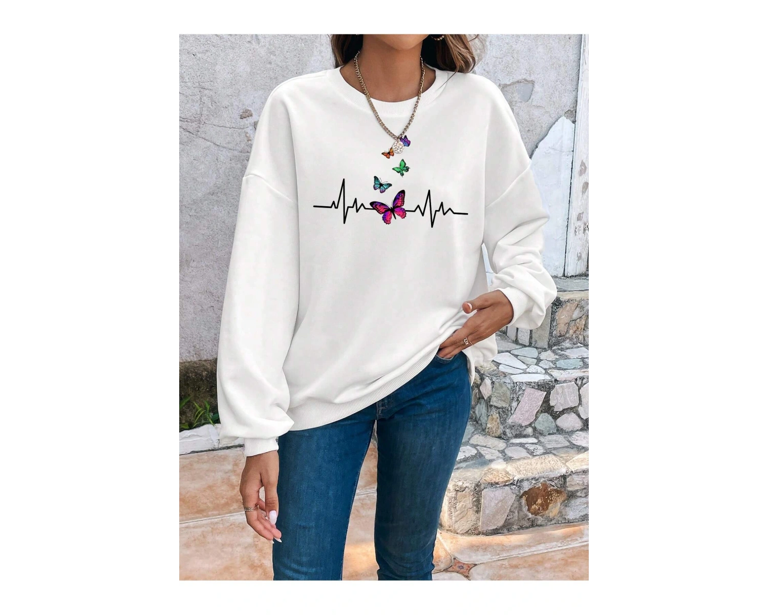 Butterfly Print Drop Shoulder Beyaz