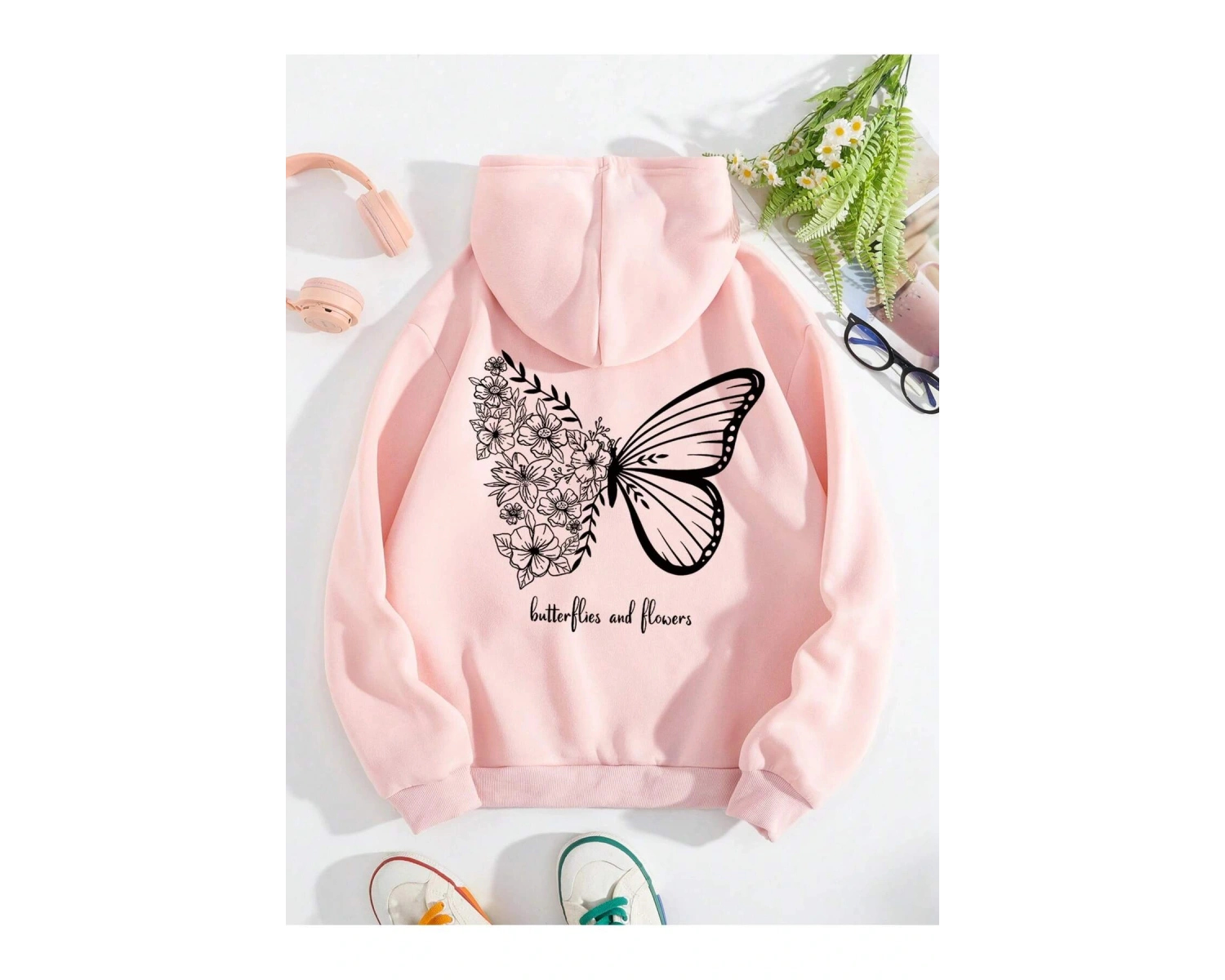 Butterfly & Slogan Graphic Drawstring Lined Hoodie Pembe