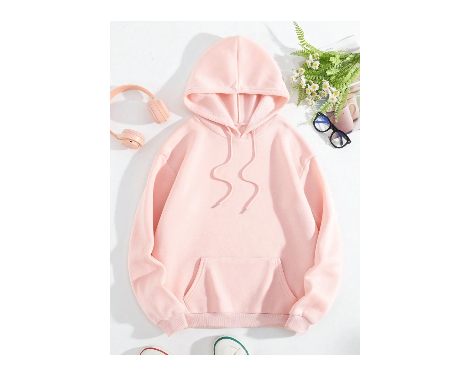 Butterfly & Slogan Graphic Drawstring Lined Hoodie Pembe