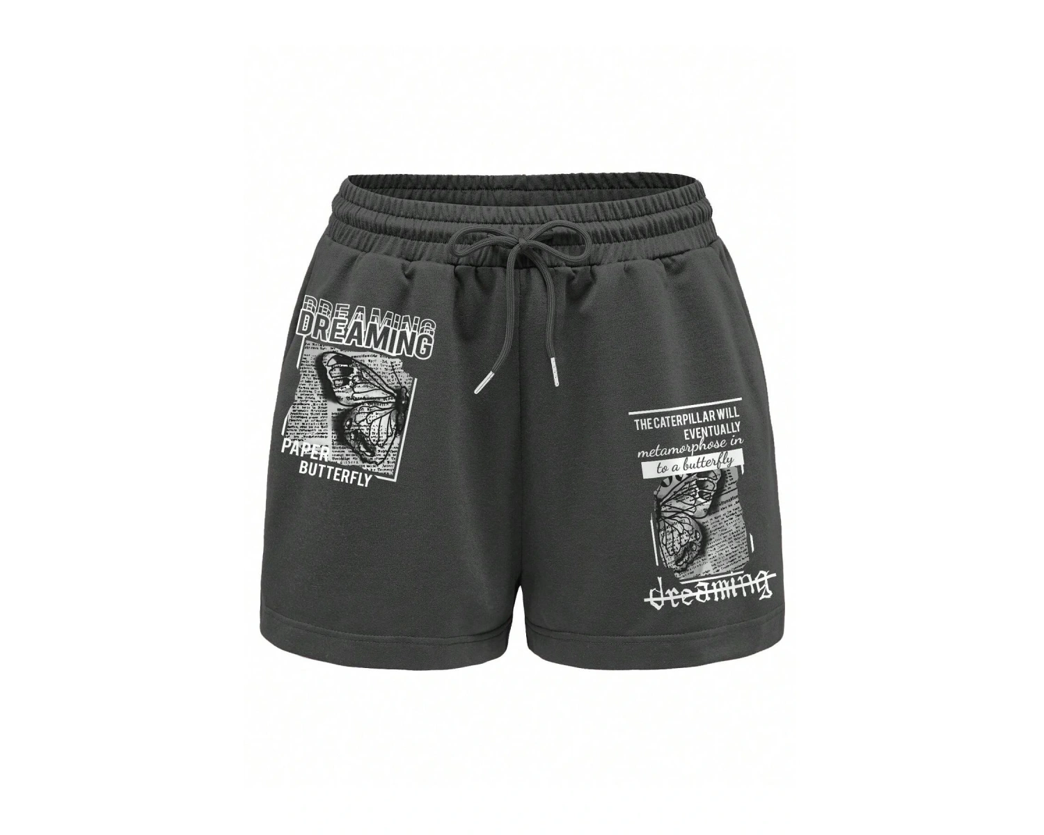 Butterfly & Slogan Graphic Drawstring Waist Şort
