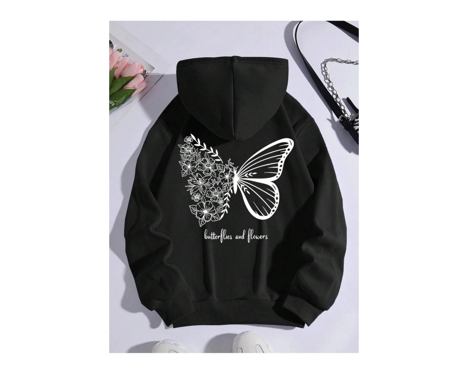 Butterfly & Slogan Graphic Kangaroo Pocket Drawstring Hoodie Siyah