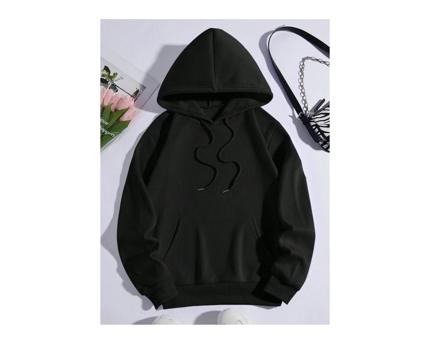 Butterfly & Slogan Graphic Kangaroo Pocket Drawstring Hoodie Siyah